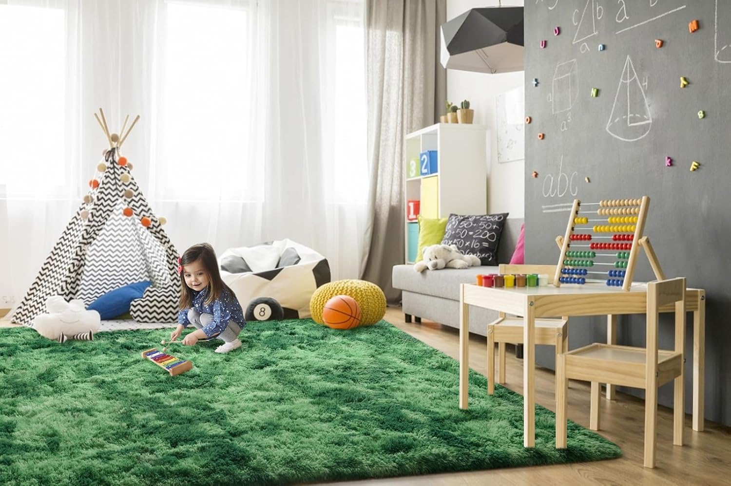 TWINNIS 5x8 Large Shag Area Rugs for Living Room Bedroom, Tie-Dye Green Indoor Super Soft Fuzzy Plush Rugs, Upgrade Anti-Skid Modern Furry Rugs Fluffy Carpets for Kids Room Nursery Home Decor