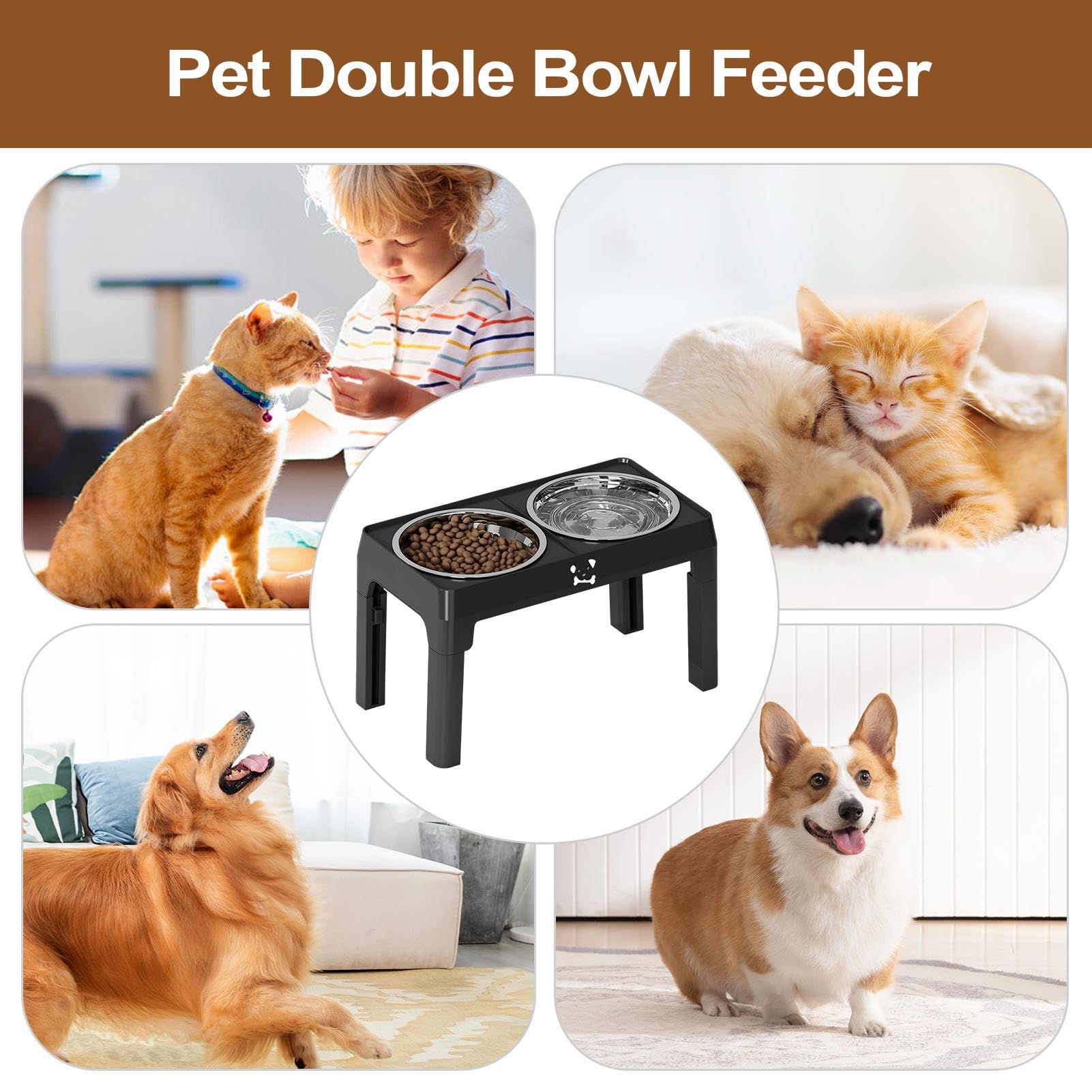 Gamelles surélevées pour Chien Station d'alimentation Réglable 5 Hauteurs, | Set De Gamelles Nourriture Et Eau Pour Chien Pour Petites, Moyennes Et Grandes Races, Alimentation Saine Po