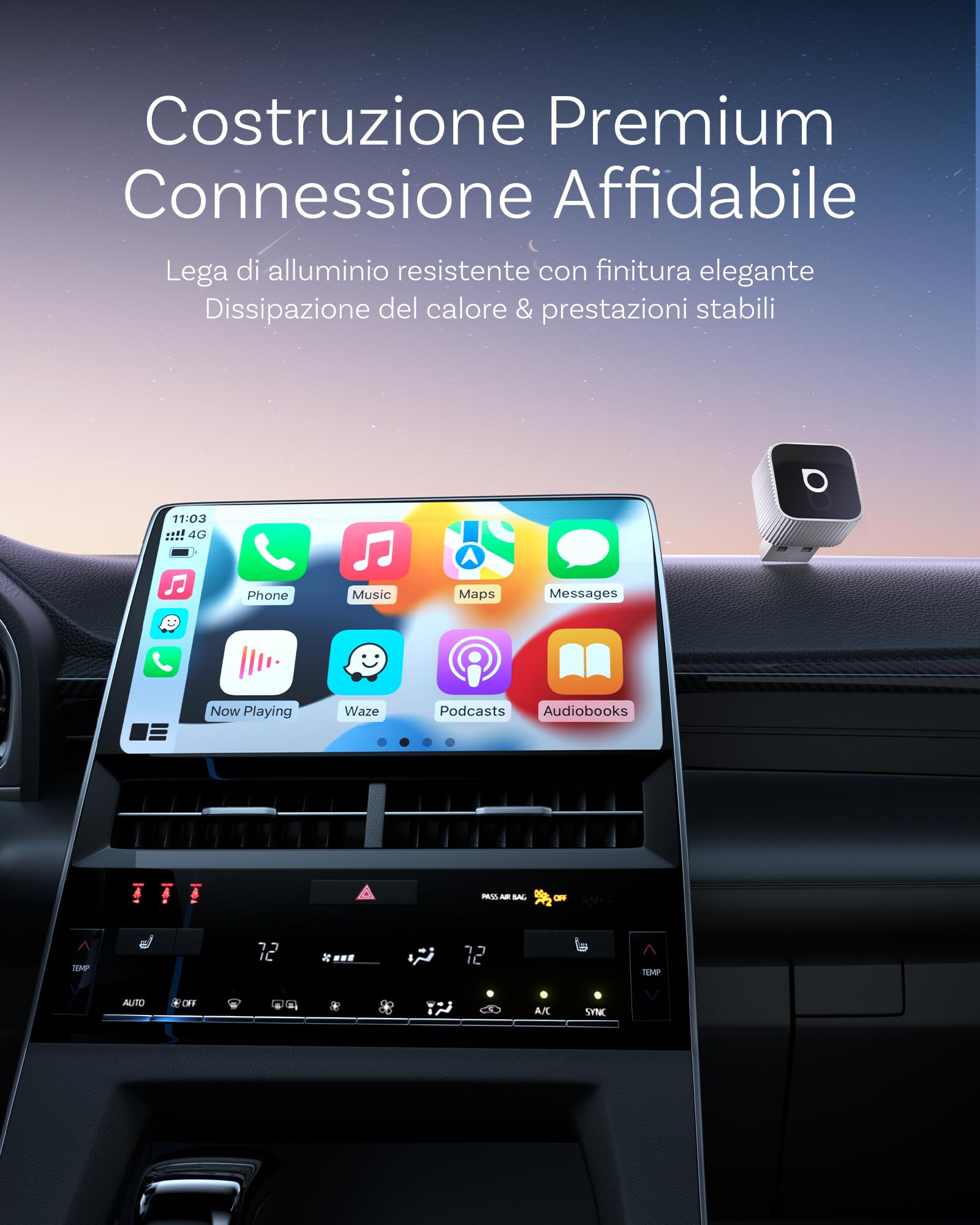 OTTOCAST MINI 3.0 Slim 2026 Adattatore Wireless CarPlay & Android Auto, 2-in-1 Dongle, Converte da cablato a modalità senza fili, Bassa latenza, Connessione rapida in auto, MINI Cube
