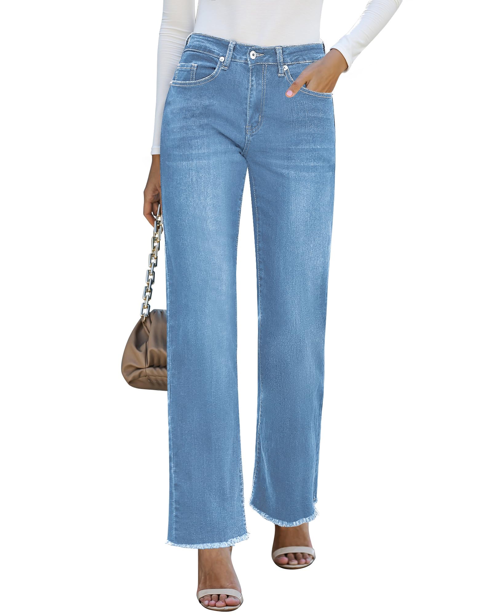 GRAPENT Straight Leg Jeans for Women High Waisted Stretchy Frayed Raw Hem Loose Denim Pants Casual Baggy Jean Trousers