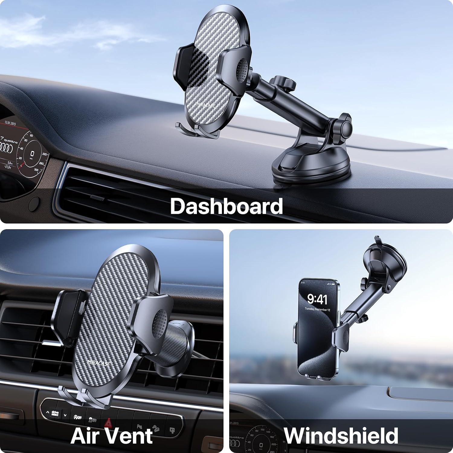 Miracase 3-in-1 Cell Phone Holders for Your Car, Universal Car Phone Holder Mount for Car Dashboard Air Vent Windshield Compatible with iPhone 15 14 13 12 19 Pro Max Xs XR X, Galaxy Dark