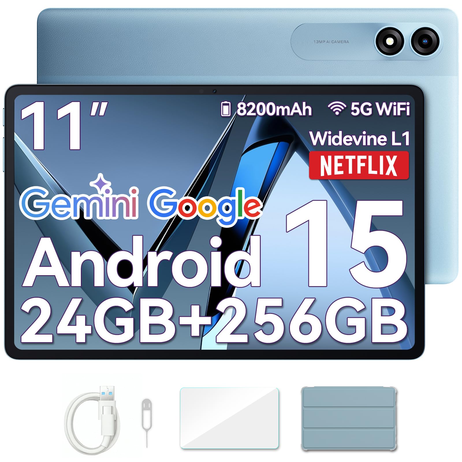 Blackview Tablet 11 Zoll Android 15 Gemini AI, 24GB RAM + 256GB ROM (2TB TF)/8200 mAh Akku/1920 * 1200 FHD IPS Widevide L1/Face ID/PC Mode/Octa-Core Gaming Tablet mit Hülle