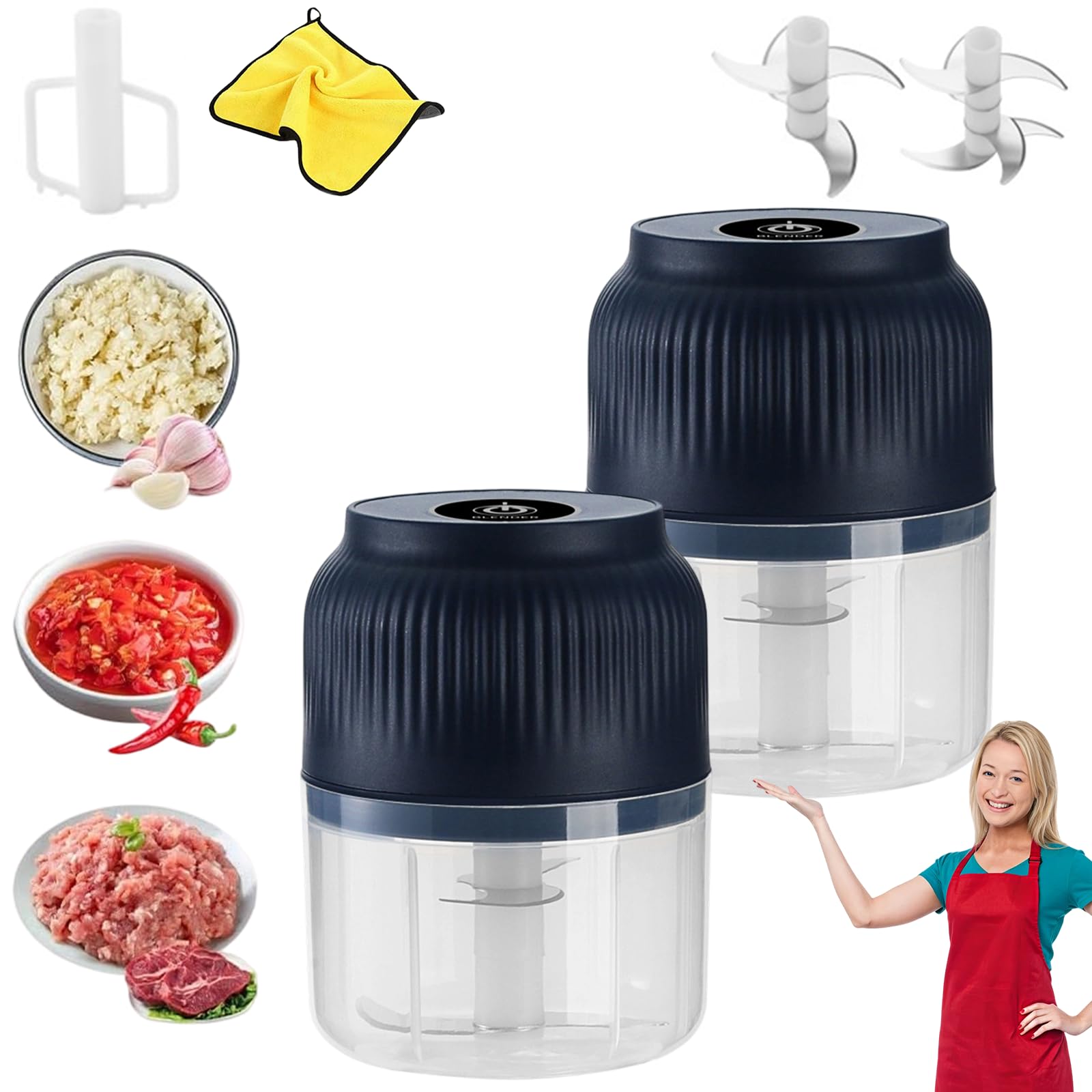 Mini Picador De Verduras Eléctrico, Pequeño Procesador De Alimentos Compacto, Cortador De Verduras Inalámbrico Portátil, Ayudante De Electrodomésticos De Cocina(2pcs - Blue With 6 Blades)
