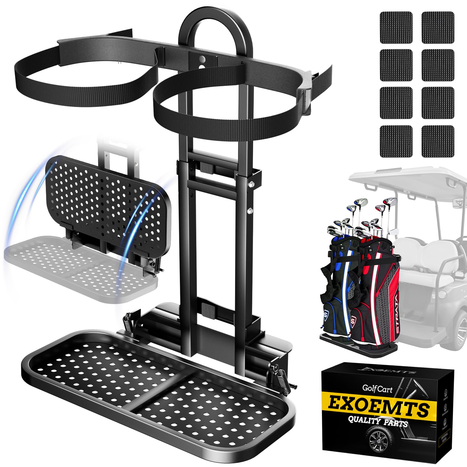 Universal Foldable Golf Cart Rear Seat Bag Holder, Upgraded Golf Cart Rear Seat Bag Rack Fits 8-Inch Max Width Safety Grip Bar, for EZGO Club Car Yamaha, Preinstalled, Space-Saving, No-Drill