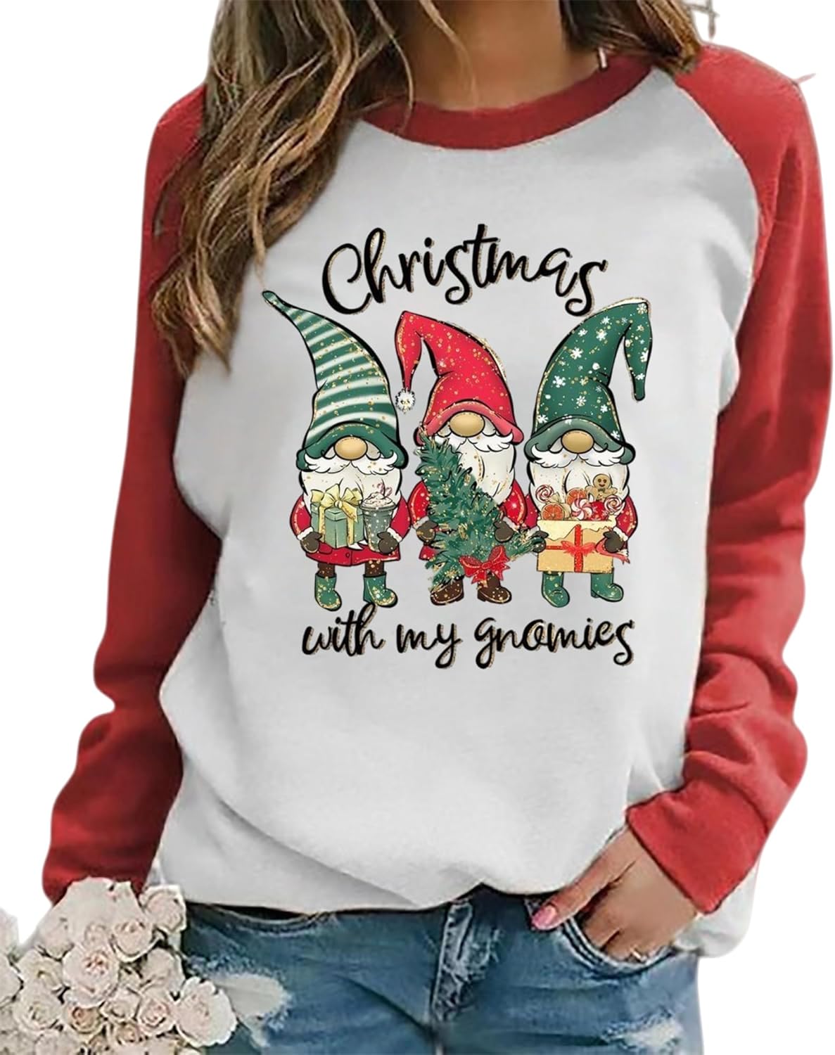 LLHXRUI Hanging With My Gnomies Sweatshirts Women Christmas Long Sleeve Pullover Shirts Funny Garden Gnome Graphic Tees Tops