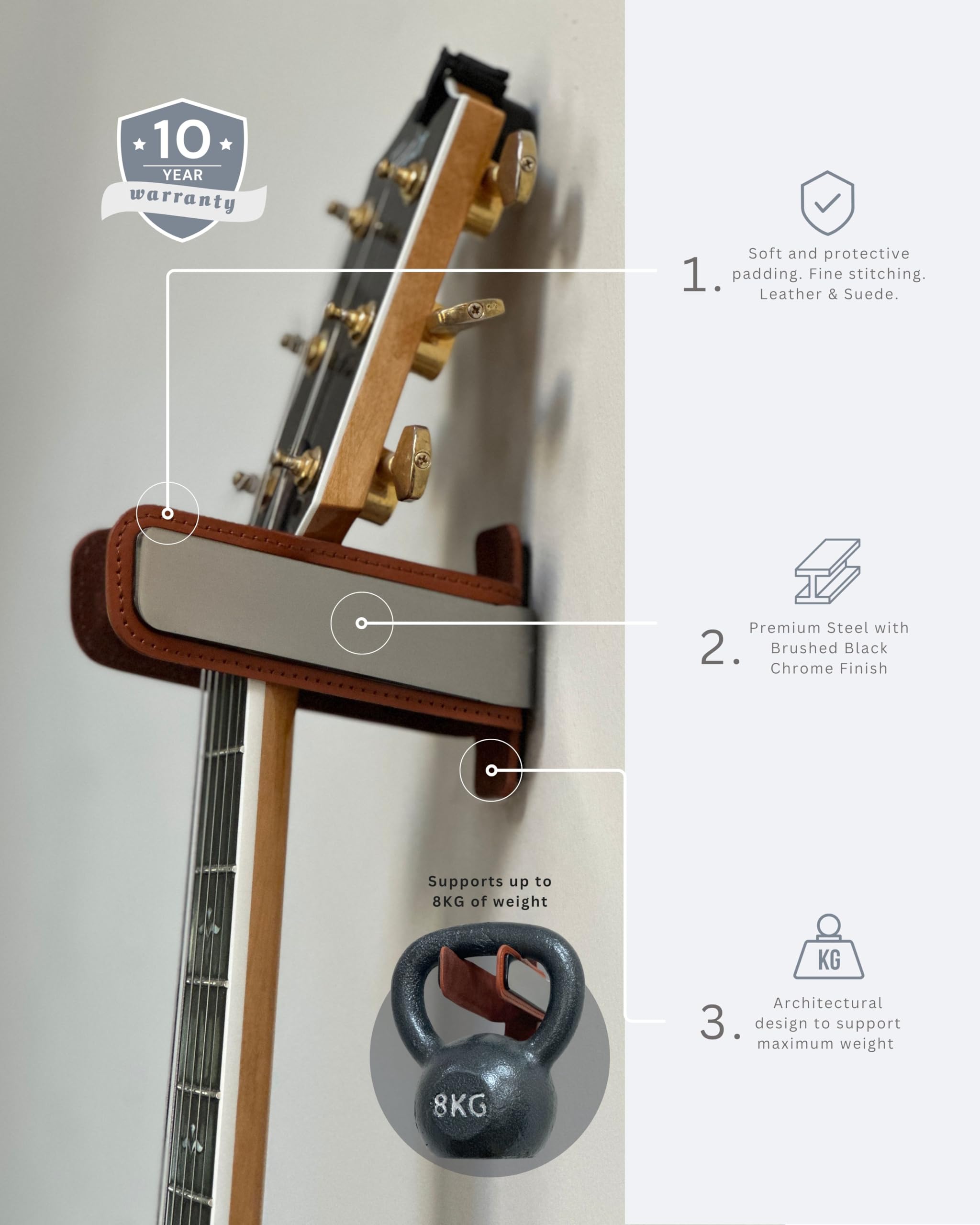 Noisy Clan Taylor - Colgador de pared para guitarra, acero cromado negro con acolchado de cuero, diseño minimalista