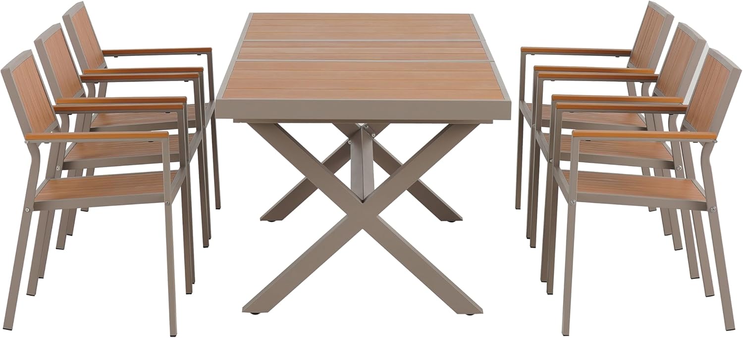 7-Piece Outdoor Dining Set,8 Piece Patio Dining Furniture Set for 7,with Plastic Wood Chairs and Extends Table,Woodgrain Table with Umbrella Hole,for Patio,Balcony,Backyard,Camel