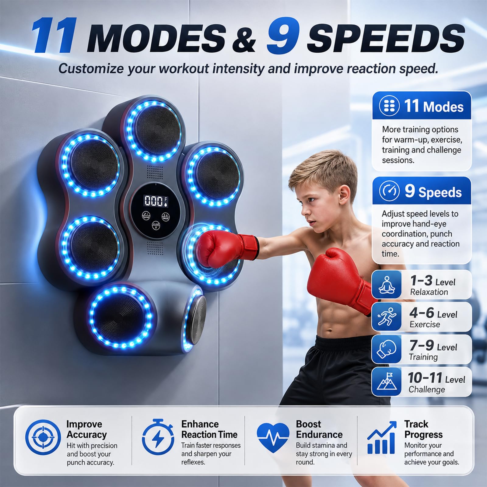 Music Boxing Machine, macchina da boxe con musica e 2 paia di guanti da boxe | 7 obiettivi di percussione, 11 modalità, macchina elettronica musicale per bambini e adulti, allenamento a casa e in palestra