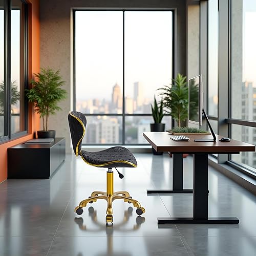 Miniatura 2 de Silla de escritorio de oficina en casa sin brazos, cómoda silla de tocador pequeña de piel sintética con respaldo y ruedas, taburete giratorio de