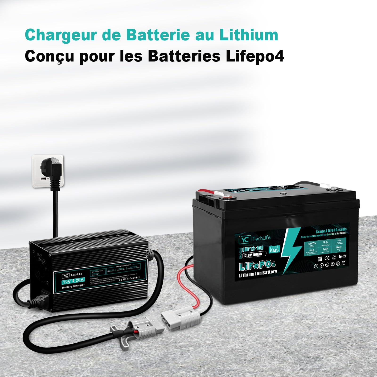 Chargeur Batterie Lithium, 12V 20A Chargeur LiFePO4 Compatible avec la Connexion Anderson Conçu pour Charger Les Batteries LiFePO4 à Cycle Profond de la Voiture RV Marine