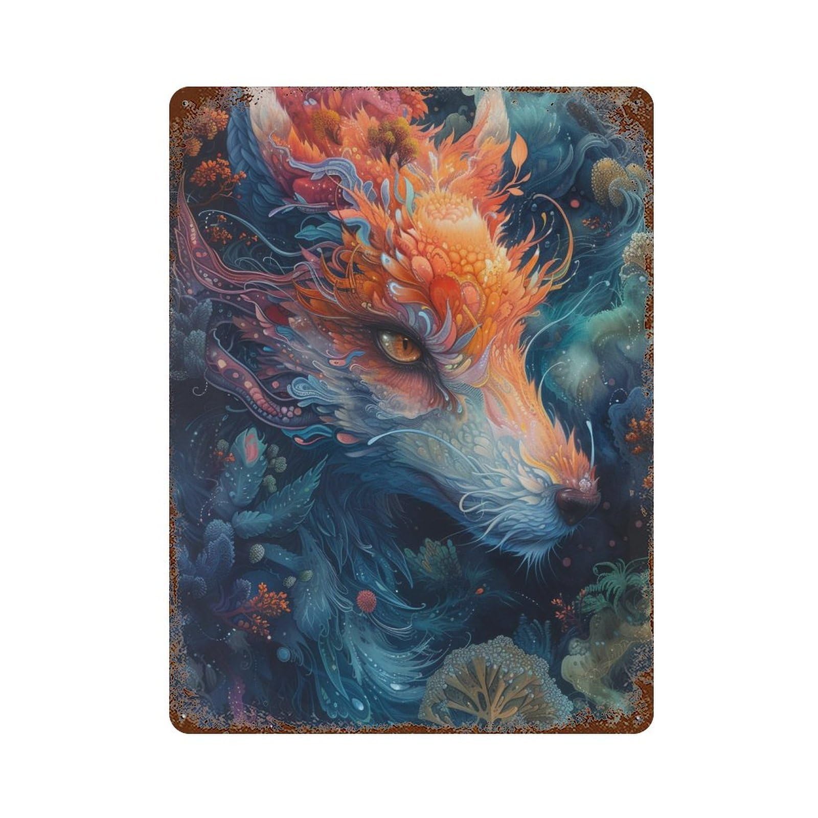 Magical Fox Artwork Weathered Tin Sign 15.7"x11.8", Decorative Metal Wall Art for Garage, Bar And Workshop Decor