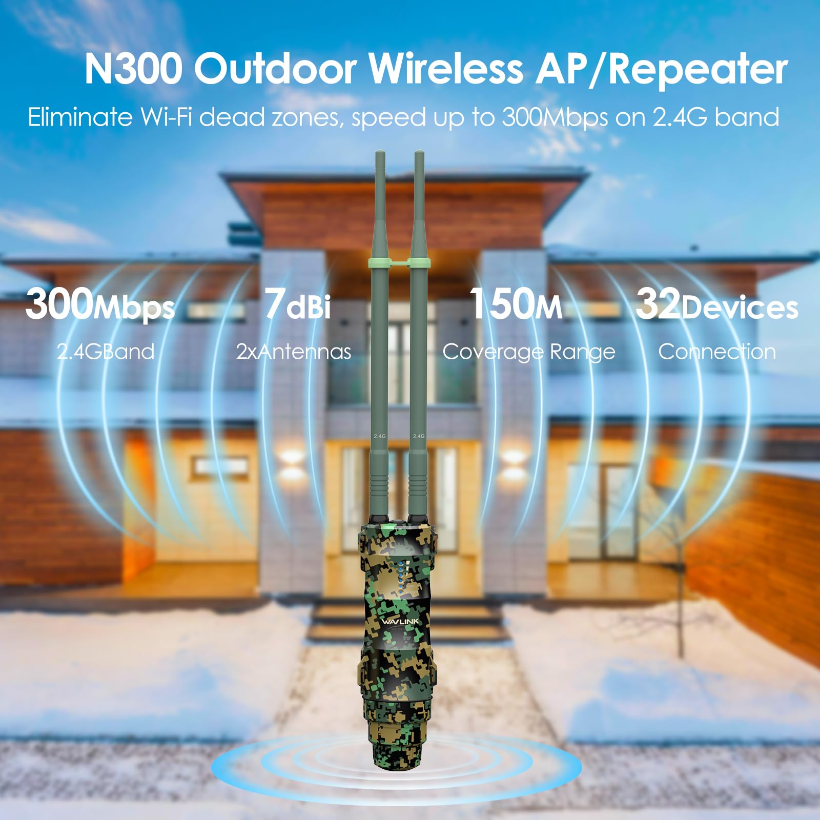 Repetidor WiFi Largo Alcance WiFi Exterior Potente Camuflaje - Amplificador Señal WiFi Antena WiFi Extender Wavlink N300 2.4G - Outdoor PoE Punto de Acceso WiFi - Ideal para Grandes Espacios Remotos
