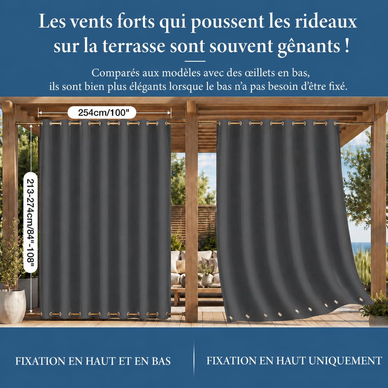 Rideaux occultants imperméables et coupe-vent avec double œillets, 213 x 254 cm, gris foncé, parfaits pour l'intimité du jardin, du balcon et de la terrasse