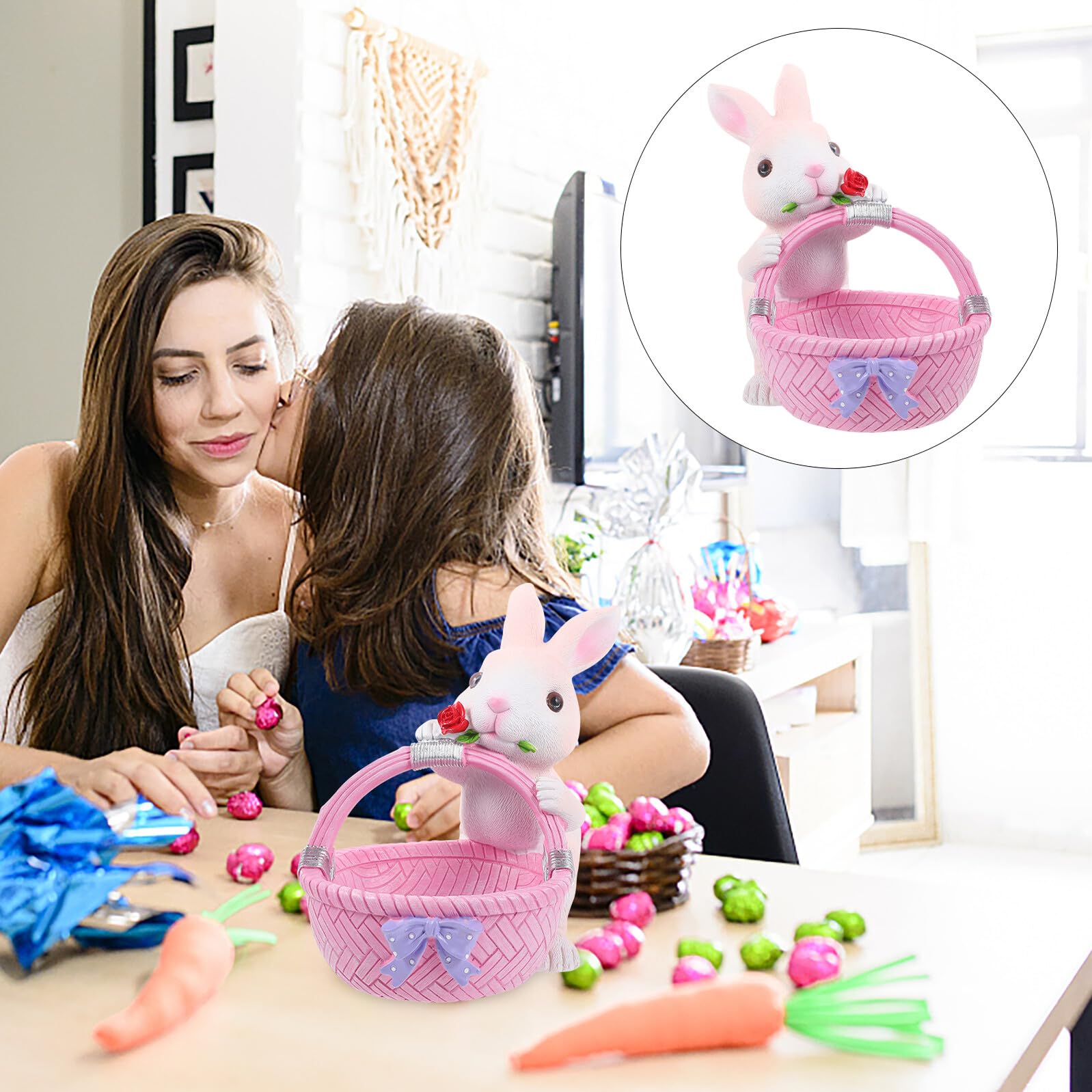 Uonlytech Decorazione Pasqua Coniglio in Resina Cestino Design Unico Adorabile e Funzionale per Casa e Tavola Rosa Ornamento da Collezione