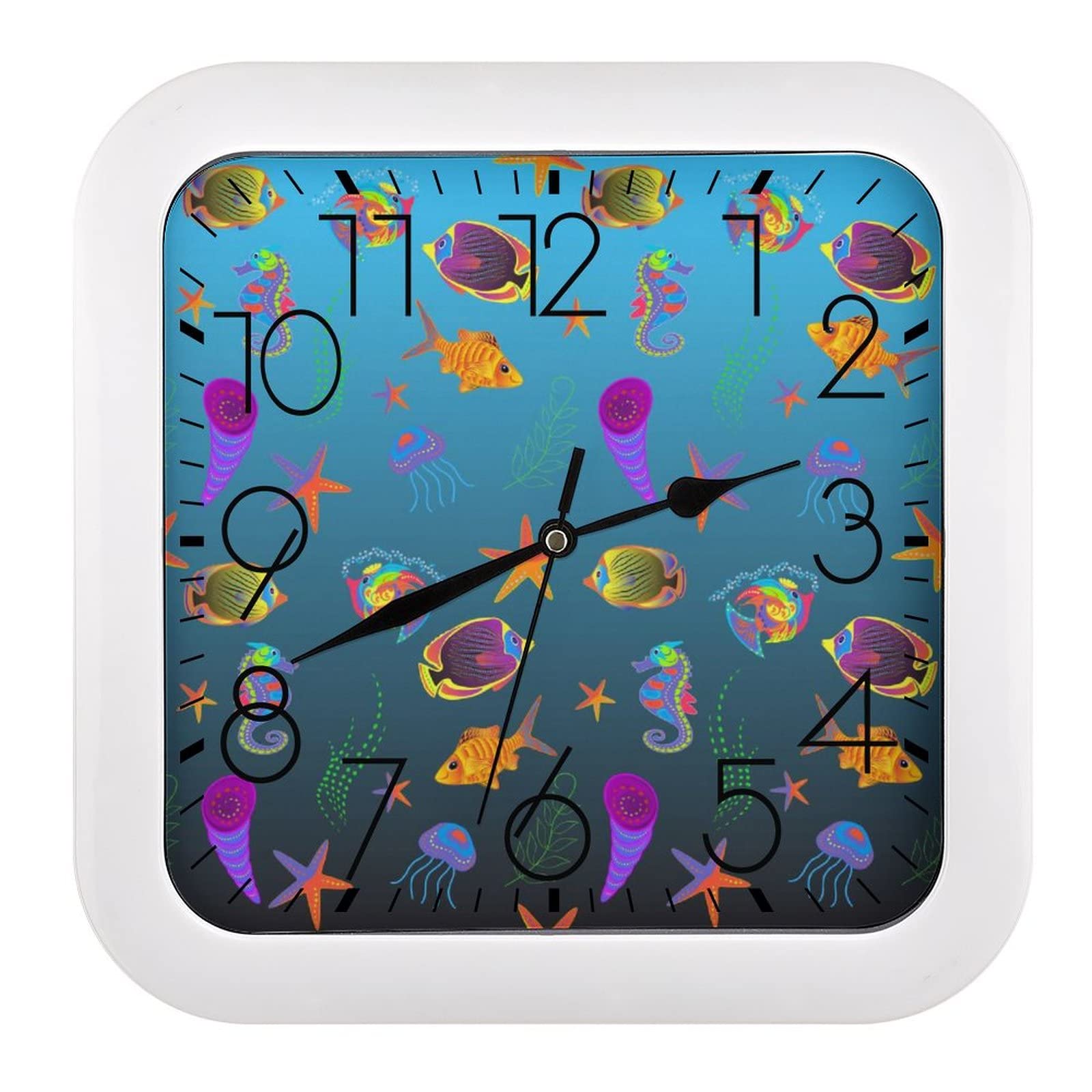 Horloge murale carrée pour salon et cuisine design hippocampe marine