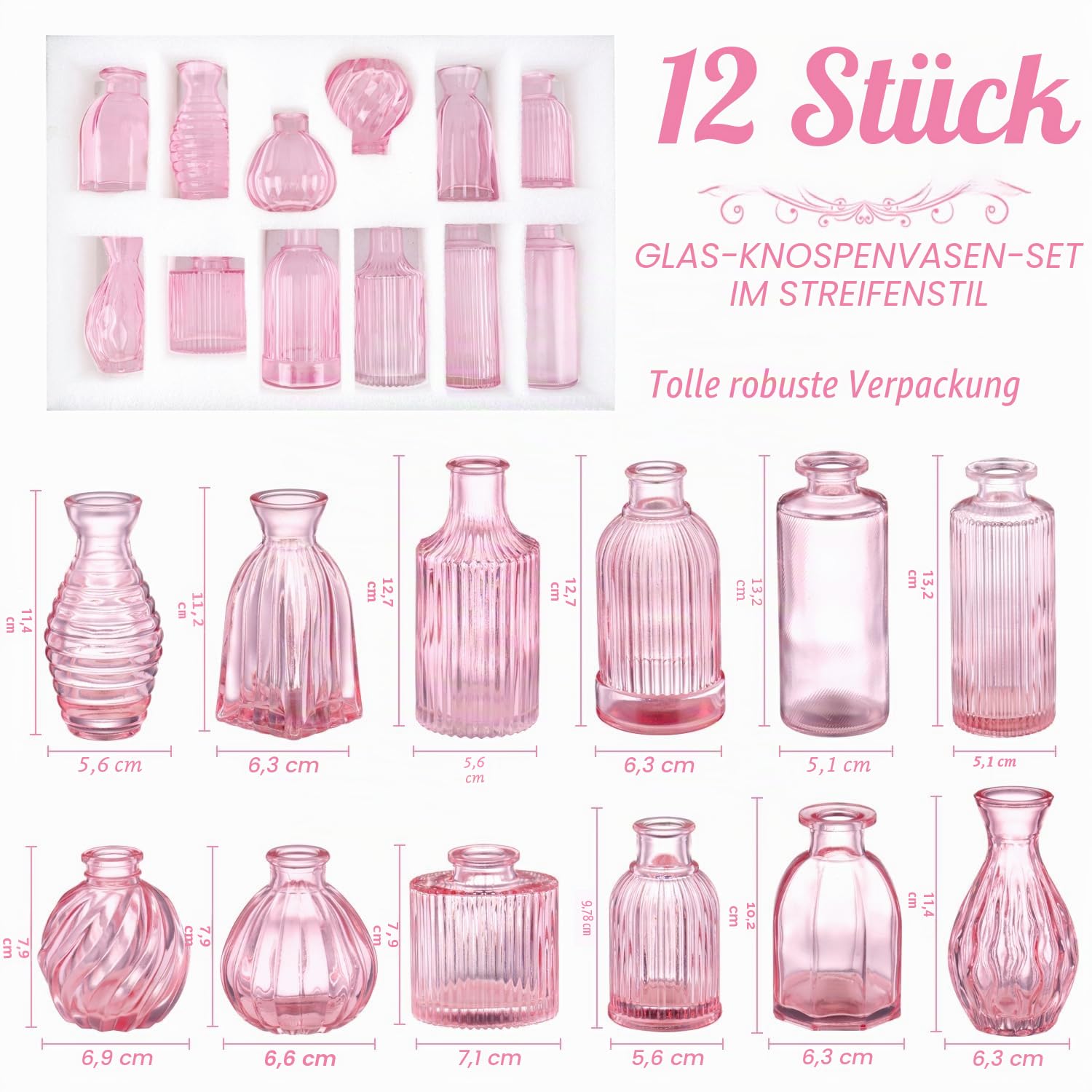 Pinke Vase, Knospenvasen, Set mit 12 Stück, kleine rosa Glasvasen für Blumen, Moderne gerippte Glasvase für Dekoration, Hochzeit, Blumenvase in Großpackung, Vintage-Dekor, Brautparty, Tafelaufsatz,