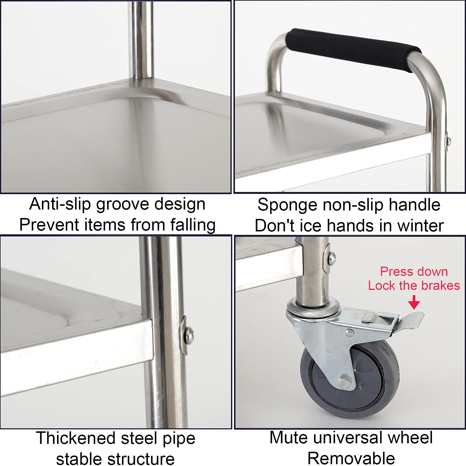 Carrello da portata in acciaio inox a 3 livelli con ruote bloccabili per catering e ristorante, soluzione di archiviazione 85 x 45 x 90 cm