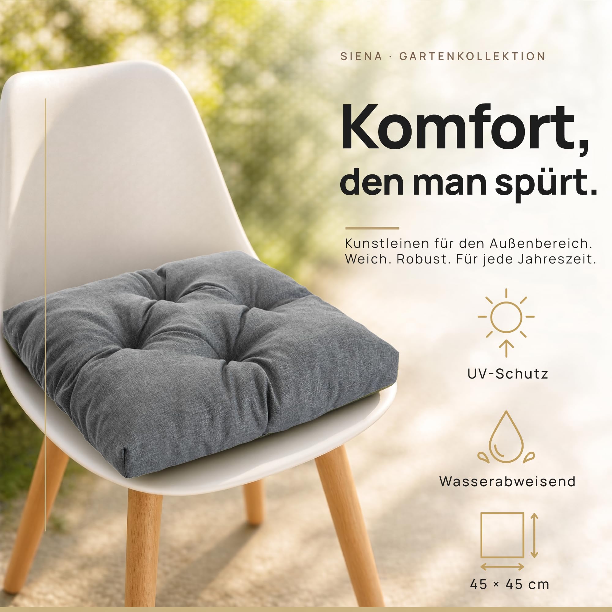 Wasserdichtes Stuhlkissen 45x45 cm – Gartenkissen für Stühle & Sessel – Dickes Sitzkissen 6 cm – Outdoor Sitzauflage für Gartenmöbel – Wetterfest & Pflegeleicht - 4er Set - Blaue Blätter