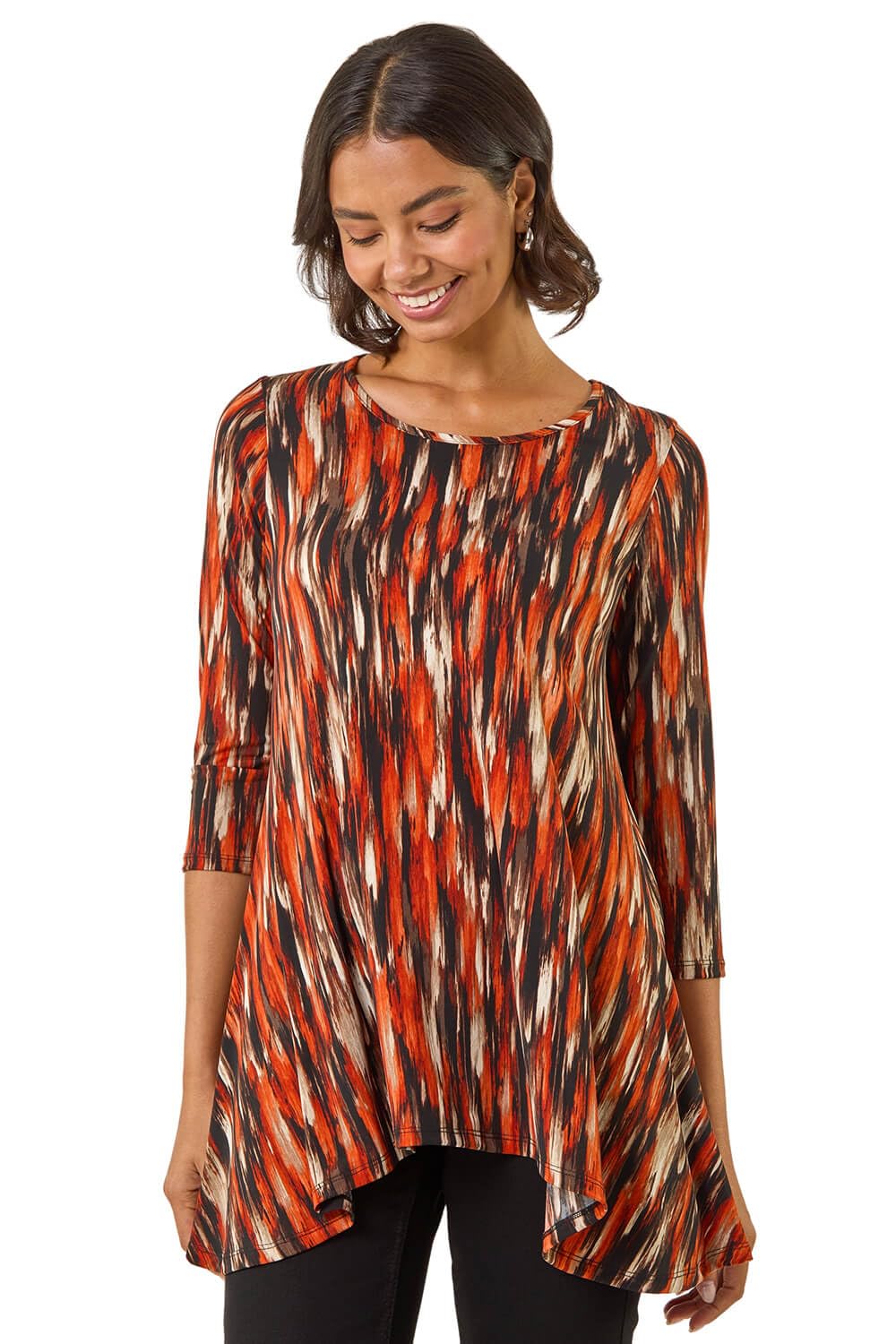 Roman Originals Hanky Hem Tunic Top for Women UK - Ladies Longline Blouse Asymmetric Hemline Casual Slouch Loose 3/4 Sleeves Round Neck Relaxed Comfortable Holiday - Abstract Orange - Size 12