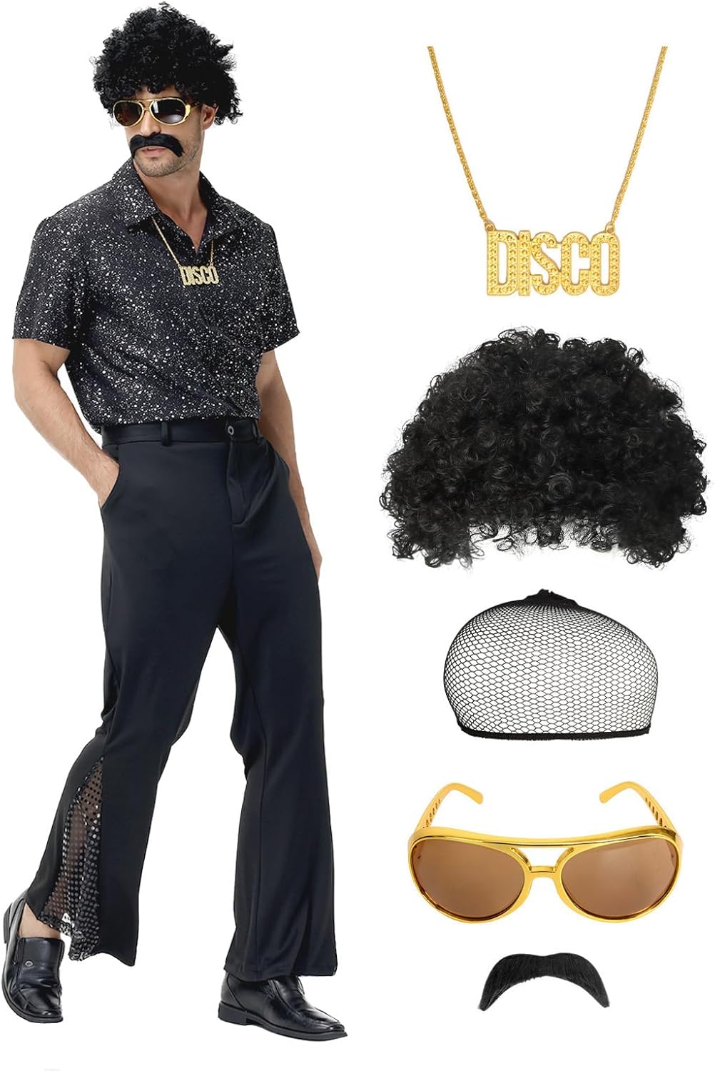 7Pcs Mens 70s Disco Costume, Retro Shirt Bell Bottom Pants Wig Sunglasses Necklace Wig Cap for Disco Party