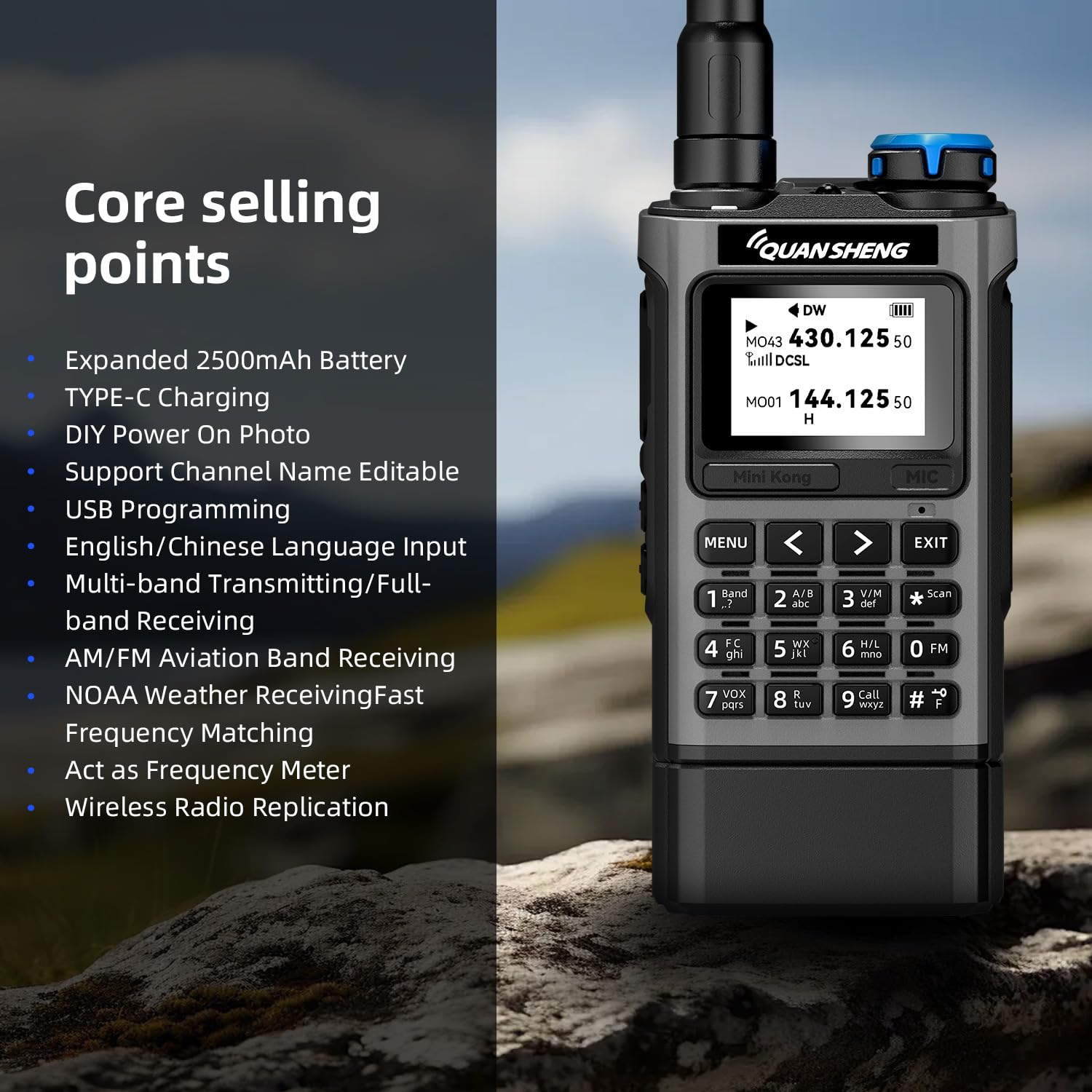QUANSHENG UV-K1 Walkie Talkie Handheld Ham Radio, 2500mAh High Capacity Battery, 50-600MHz Full Band Receive, Air Band, One Key Frequency Match, Wireless Copy, NOAA, USB-C Charging Two Way Radio - 2