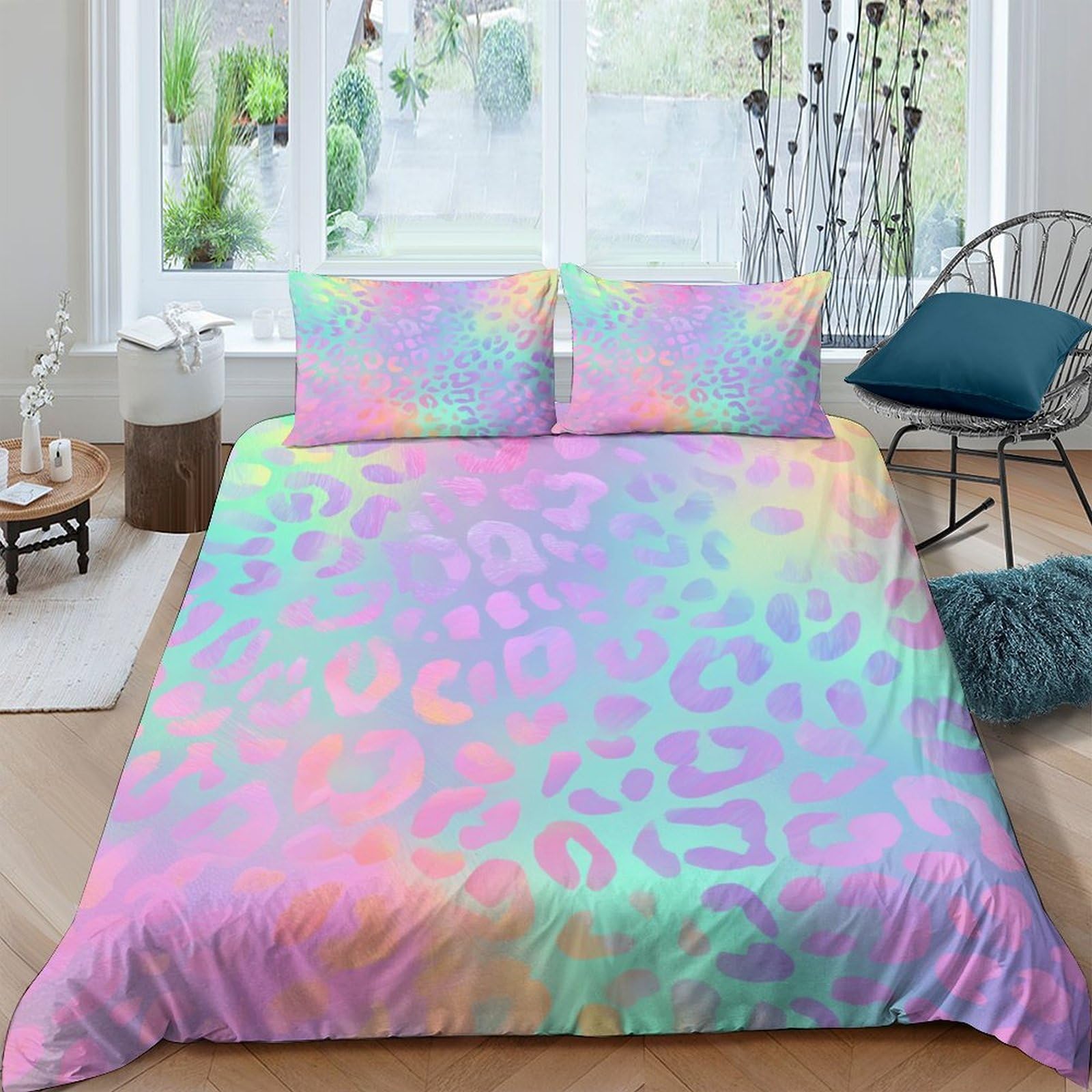 GPLZQXKJNH 3D Printed Pastel Leopard Pattern Duvet Cover Microfiber Soft Breathable Rainbow Animal Bedding Set with 2 Pillowcases for Bedroom Apartment Single（135x200cm）