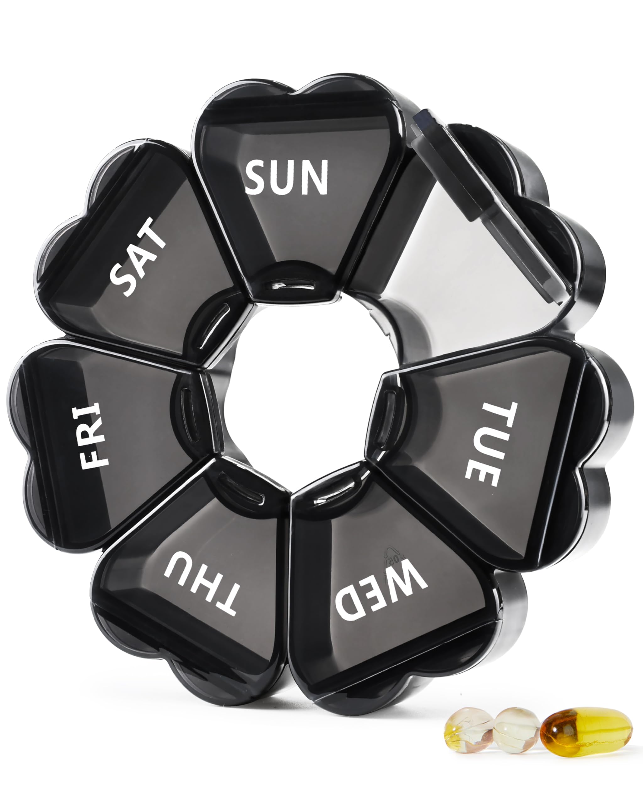 MOLN HYMY Cute Weekly Pill Box 7 Day, Yellow Round Floral Pill Case Organizer 1 time a Day, Pill Container Once Daily, Large Medcine Dispenser for Vitamin/Fish Oil/Medication/Supplements (Black)