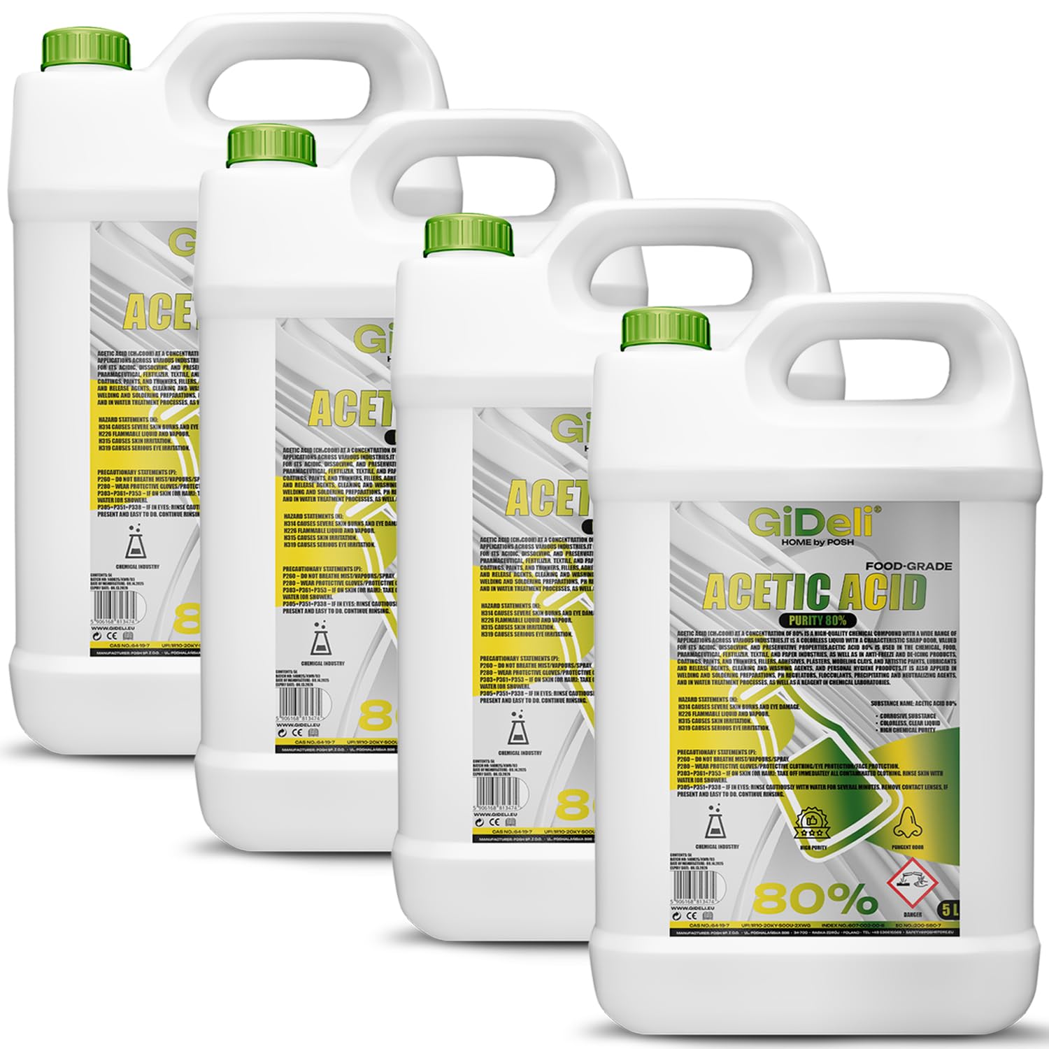 GiDeli Ácido acético 80 por ciento 4 x 5 l – Strong Vinegar for Cleaning – para limpieza eficaz, descalcificación y uso doméstico – Eliminación de olores y conservación de alimentos