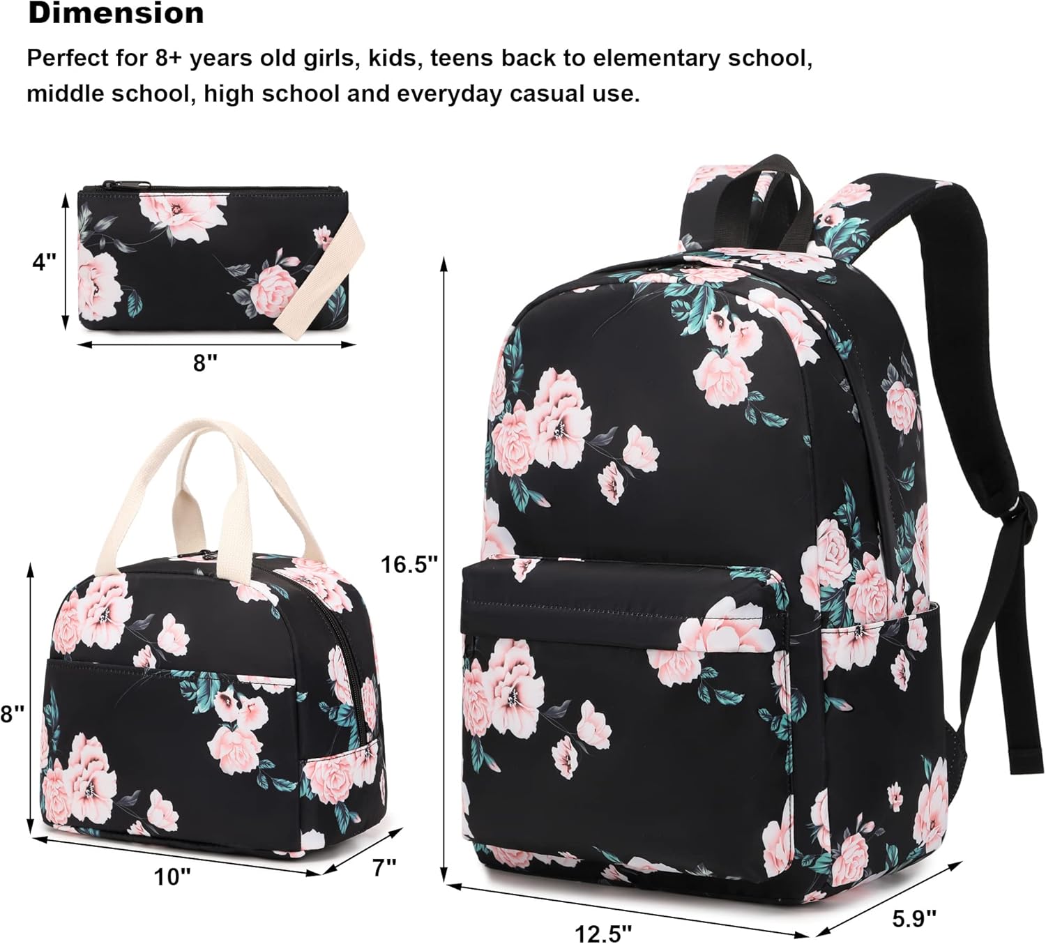 Girls School Backpacks for Kids Teens, 3-in-1 School Bag Bookbags Set with Lunch Bag Pencil Case