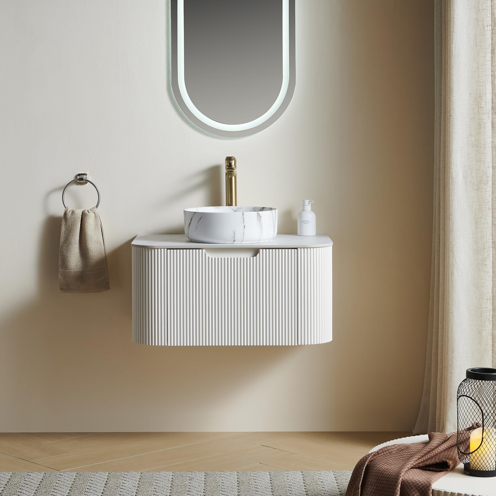 30" Floating Bathroom Vanity with Sink, Wall-Mounted Bathroom Cabinet with Ultra-Thin Ceramic Basin and Marble Top, Extra Large Storage Drawer, Soft-Close Design, White