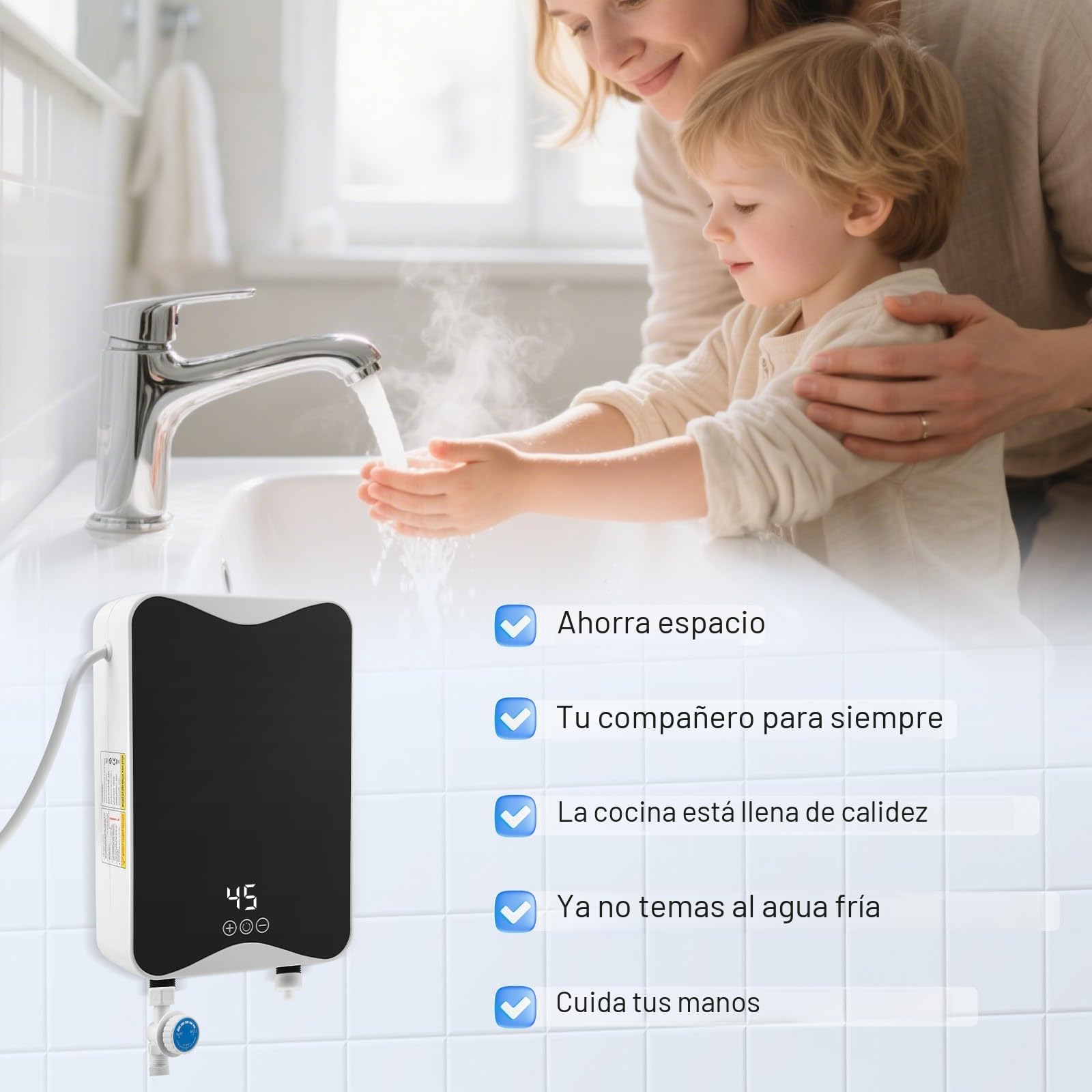 Calentador de Agua Eléctrico 230 V, 5500 W Calentador de Agua Instantáneo, 30–55 ° C, 20 kW, Impermeable IPX4, Mini Calentador de Ducha Eléctrico para Ducha, Baño, Cocina