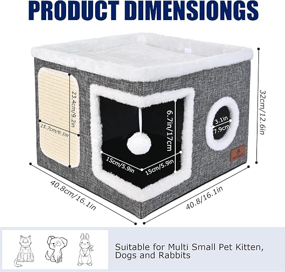 Cat House for Indoor Cats, Large Cat Cave Bed with Scratch Pad and Fluffy Ball, Foldable Cat Hideaway, Cat Bed with Reversible Cushion for Multi Small Pet 41D x 41W x 32H cm, Grey