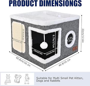 Cat House for Indoor Cats, Large Cat Cave Bed with Scratch Pad and Fluffy Ball, Foldable Cat Hideaway, Cat Bed with Reversible Cushion for Multi Small Pet 41D x 41W x 32H cm, Grey