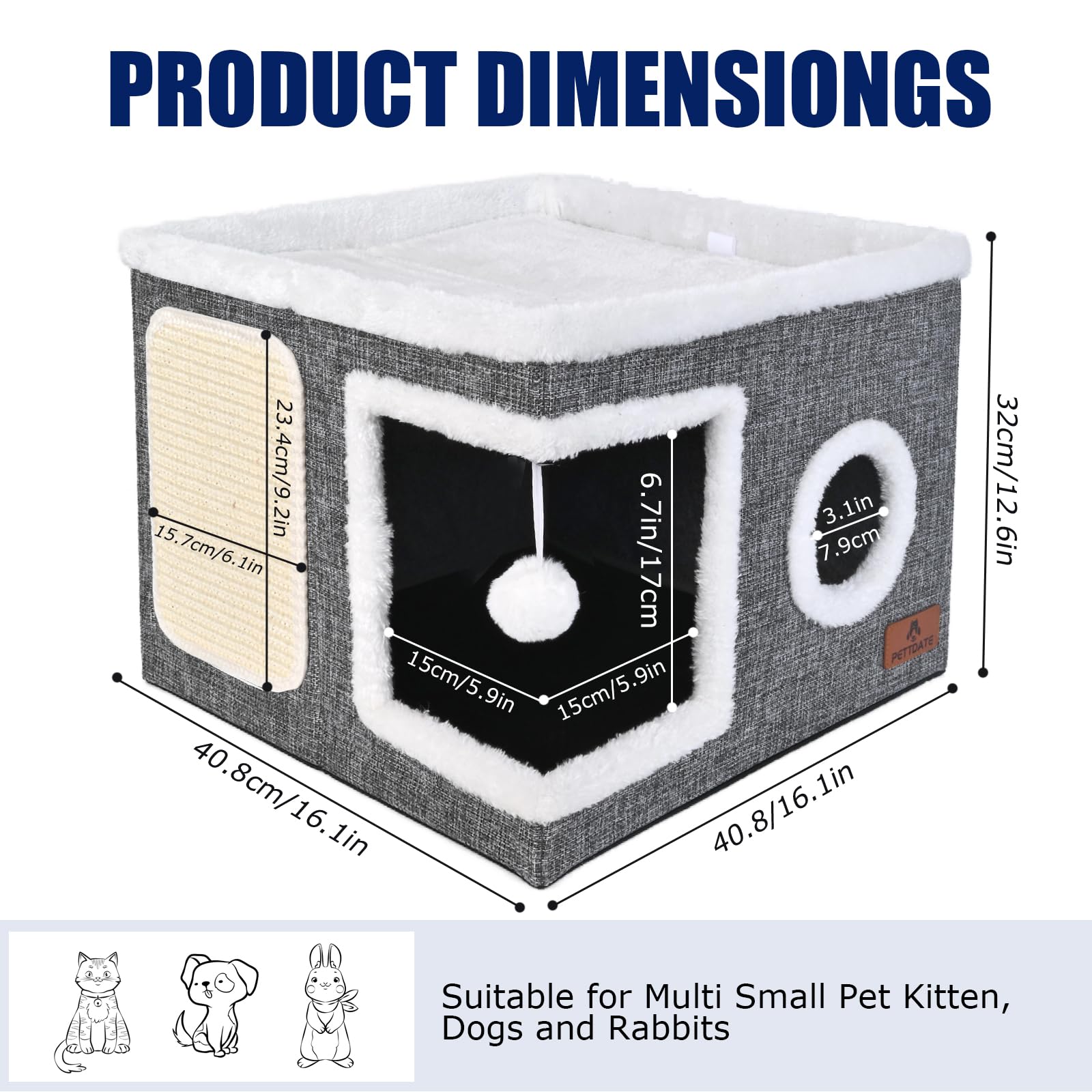 Cat House for Indoor Cats Large Cat Cave Bed with Scratch Pad and Fluffy Ball, Foldable Cat Hideaway - Image 2