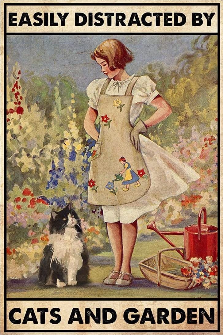 Vintage Metal Tin Sign Cat In The Garden Easily Distracted By Cats And Garden Aluminum For Coffee Home Wall Decor 12x8 Inch, Multi Custom Private Property Signs Outdoor