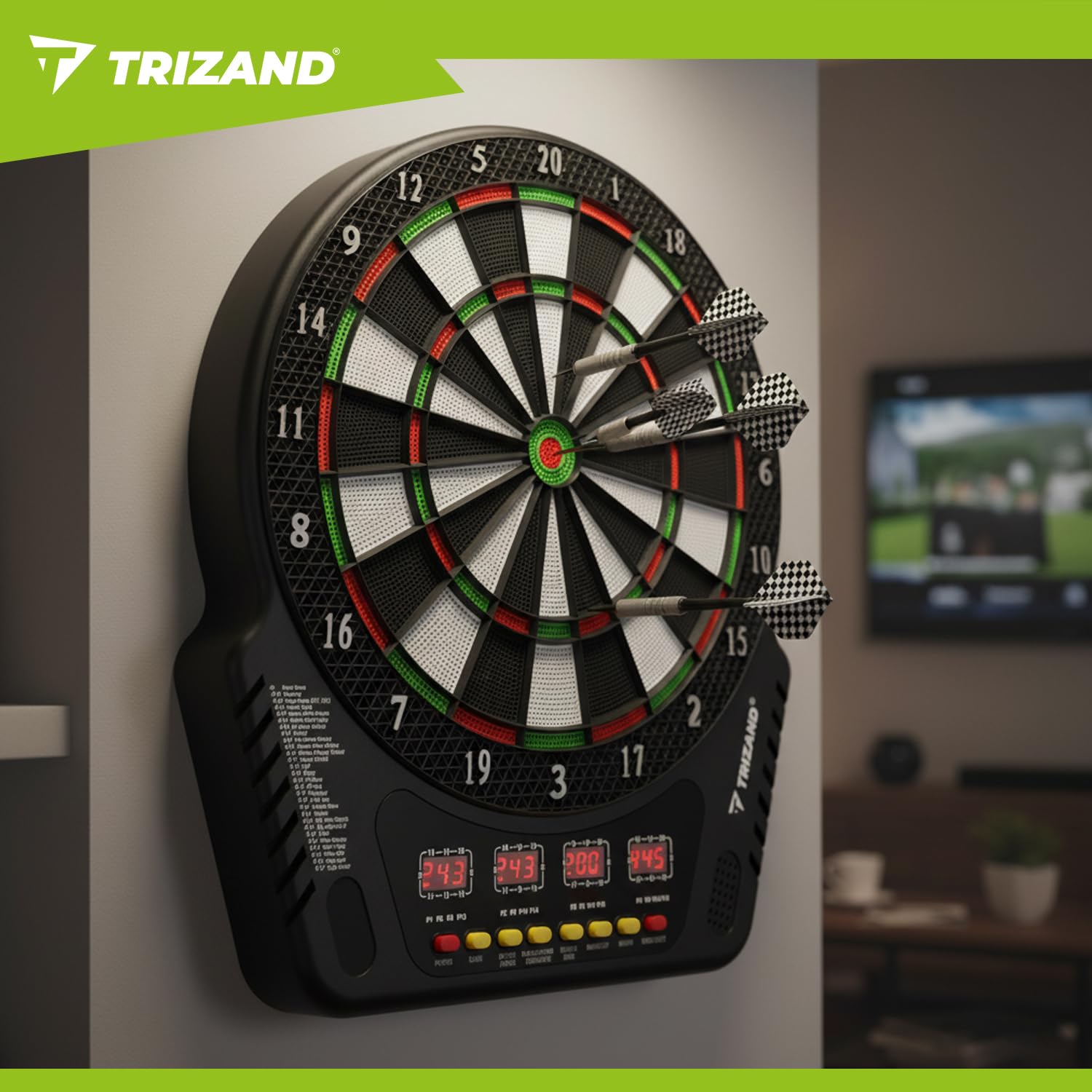 Diana electrónica TRIZAND – 27 juegos, 243 modos – 1 – 16 jugadores – 4 pantallas LCD – Volumen 8 niveles – Juego de puntas suaves: 6 dardos + 24 puntas de repuesto – Red y pilas – Montaje en pared