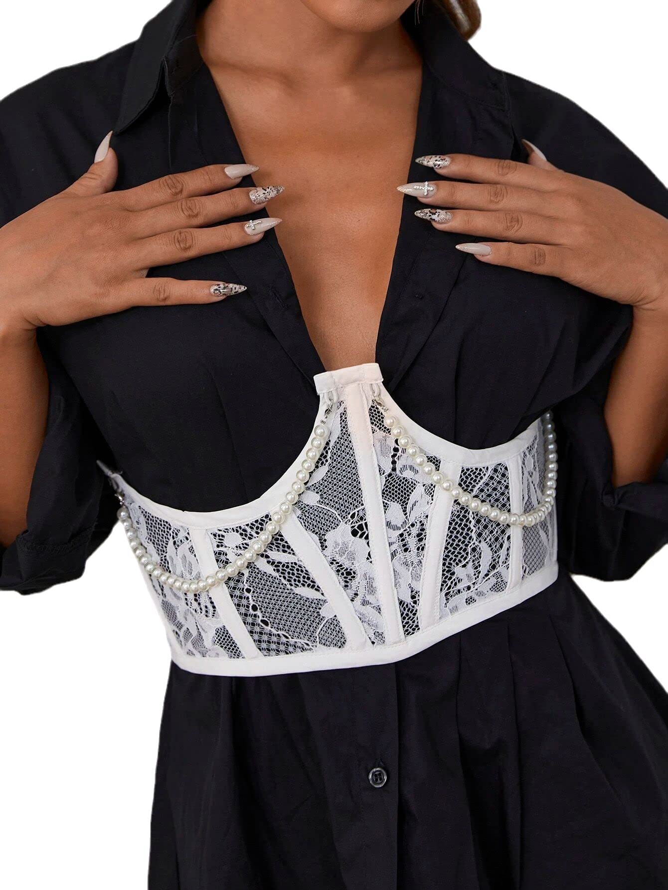 atokiss Women's Lace up Waist Belt Lace Embroidery Pearl Chain Underbust Corset Top Body Shaper Bustier