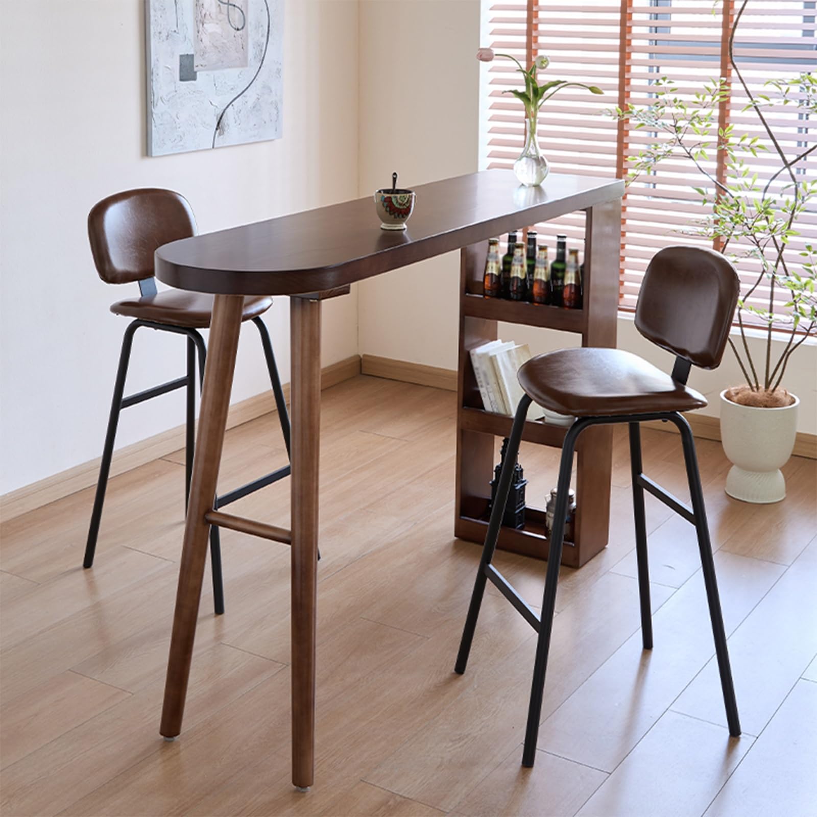 Table de bar en bois massif, table haute et longue avec étagères de rangement, table de bar en bois à hauteur de comptoir avec pieds robustes, pour salon, salle à manger (180 x 40 x 105 cm / 70,8 x