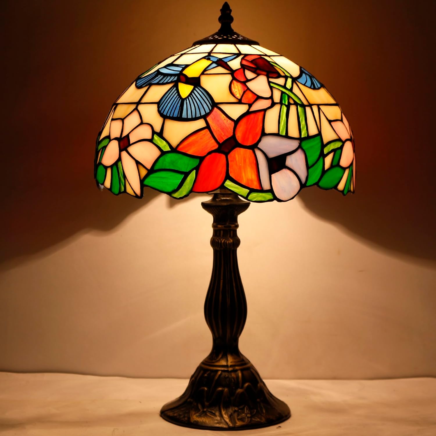 WERFACTORY Tiffany Lamp Stained Glass Lamp Hummingbird Style Bedside Table Lamp Desk Reading Light 12X12X18 Inches Decor Bedroom Living Room Home Office S101 Series