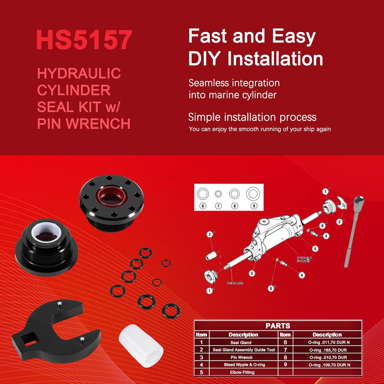 HS5157 HS5167 Front Mount Hydraulic Steering Cylinder Seal Kit with Pin Wrench, Rebuild Kit Compatible with Seastar HC5340 HC5345 HC5348 HC5358 HC6750 HC6755, Marine-Grade Anodized Anti-Corrosion