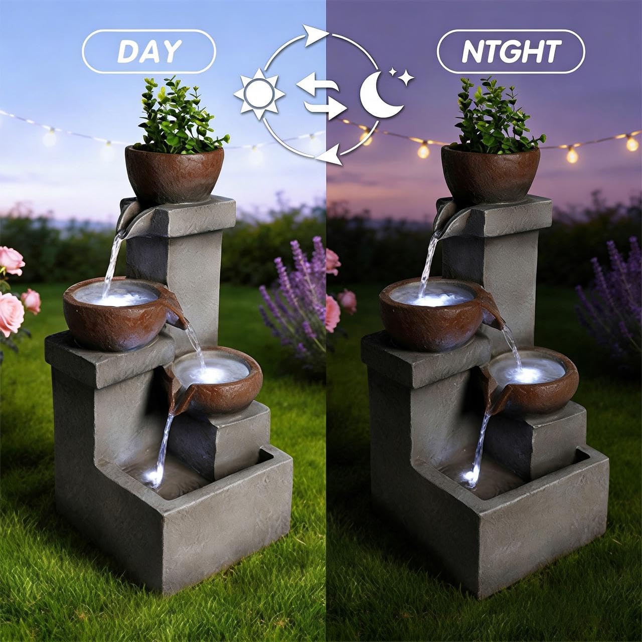 3-Tier Outdoor Water Fountain with LED Lights, Garden Waterfall Fountain with Built-in Planter, 23.6" Resin Water Fountain for Patio, Yard, Garden, Deck Decor
