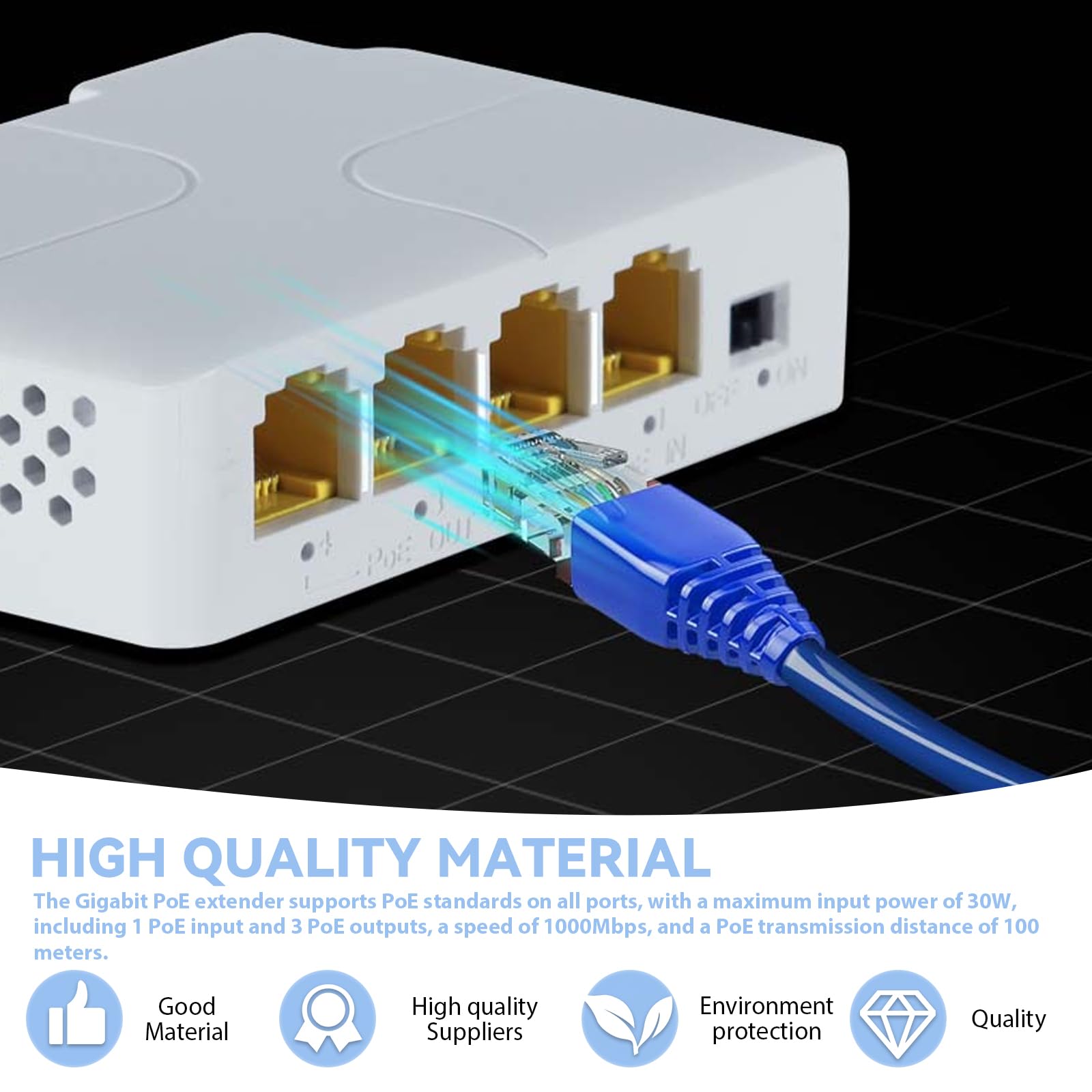 Gigabit PoE Extender, Outdoor 4 porte PoE Switch, 1000Mbps Distanza di trasmissione 100m, 1PoE in 3PoE Out Extender IEEE 802.3 af/at Ripetitore PoE per iniettore PoE e telecamera di sicurezza, Plug