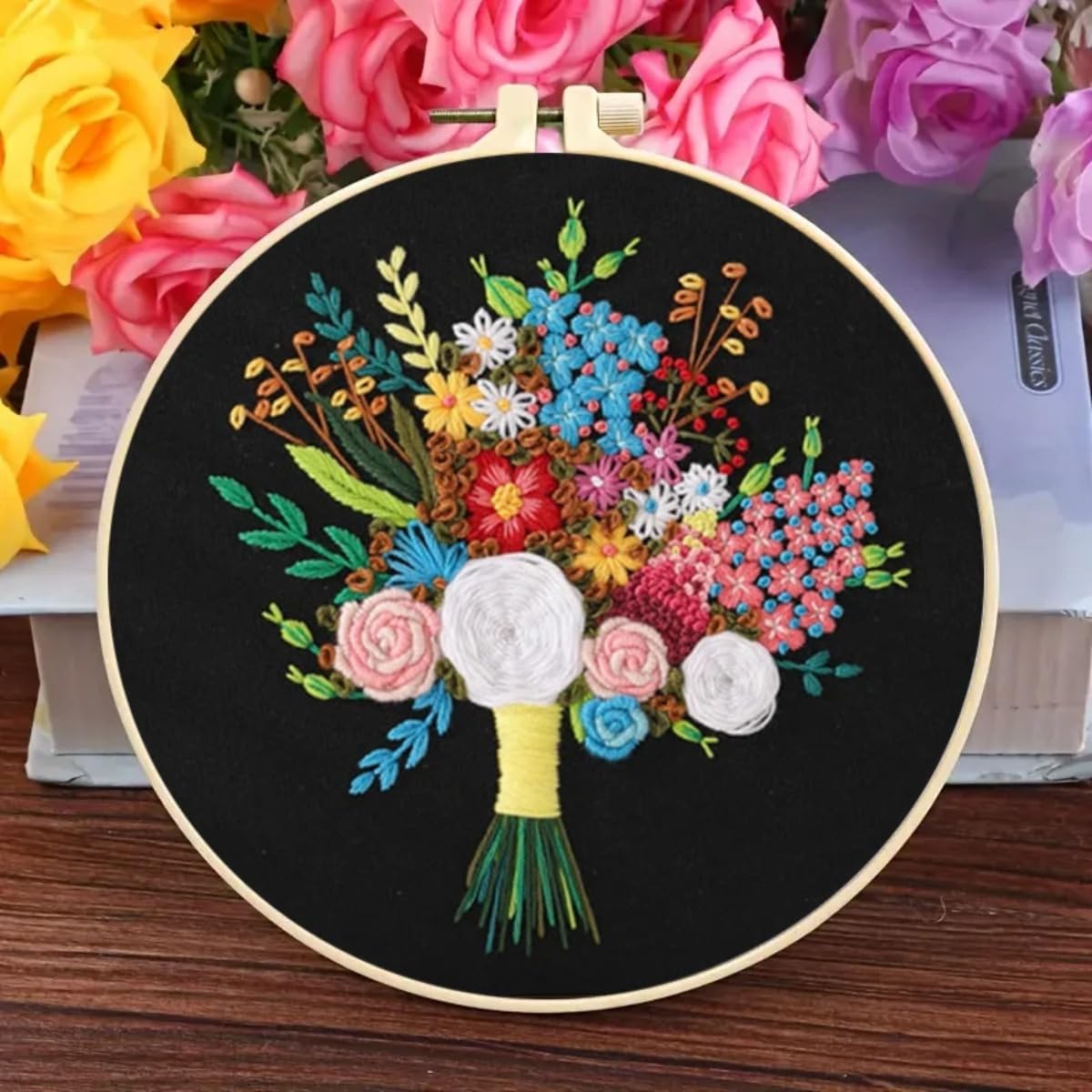 3 Sets Embroidery Starter Kits Flower Bouquet Cross Stitch Sets Plant Sewing Art Craft Painting DIY Home Decor Embroidery Set with Embroideriy Hoop and Instructions for Adults Beginners (Blue)
