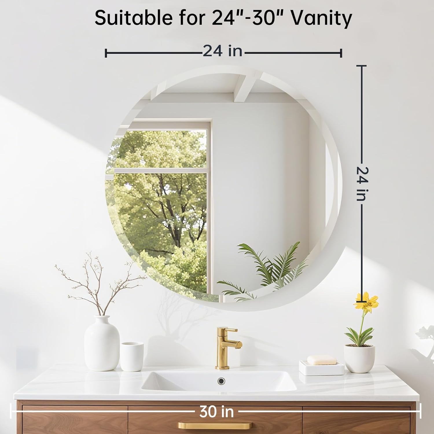 24 inch round frameless bathroom mirror, beveled round mirror, circle vanity mirror with 1" beveled edge for bathroom, entryways, living room 24"l x 24"w