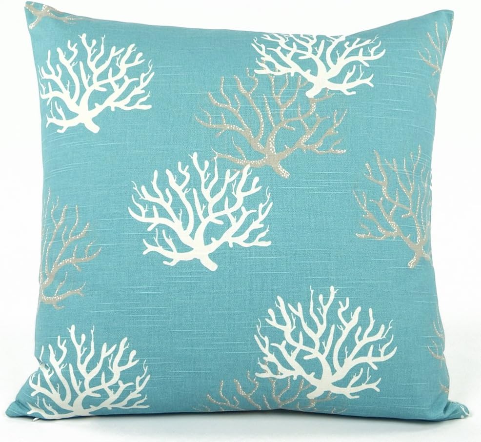 Chloe & Olive Wonders of the Seas Turquoise Collection - Reversible Ocean Coral / Star Fish 20" Square Decorative Toss Pillow with Insert - Turquoise Blue, White and Grey - 1 Pillow with Feather/down Insert