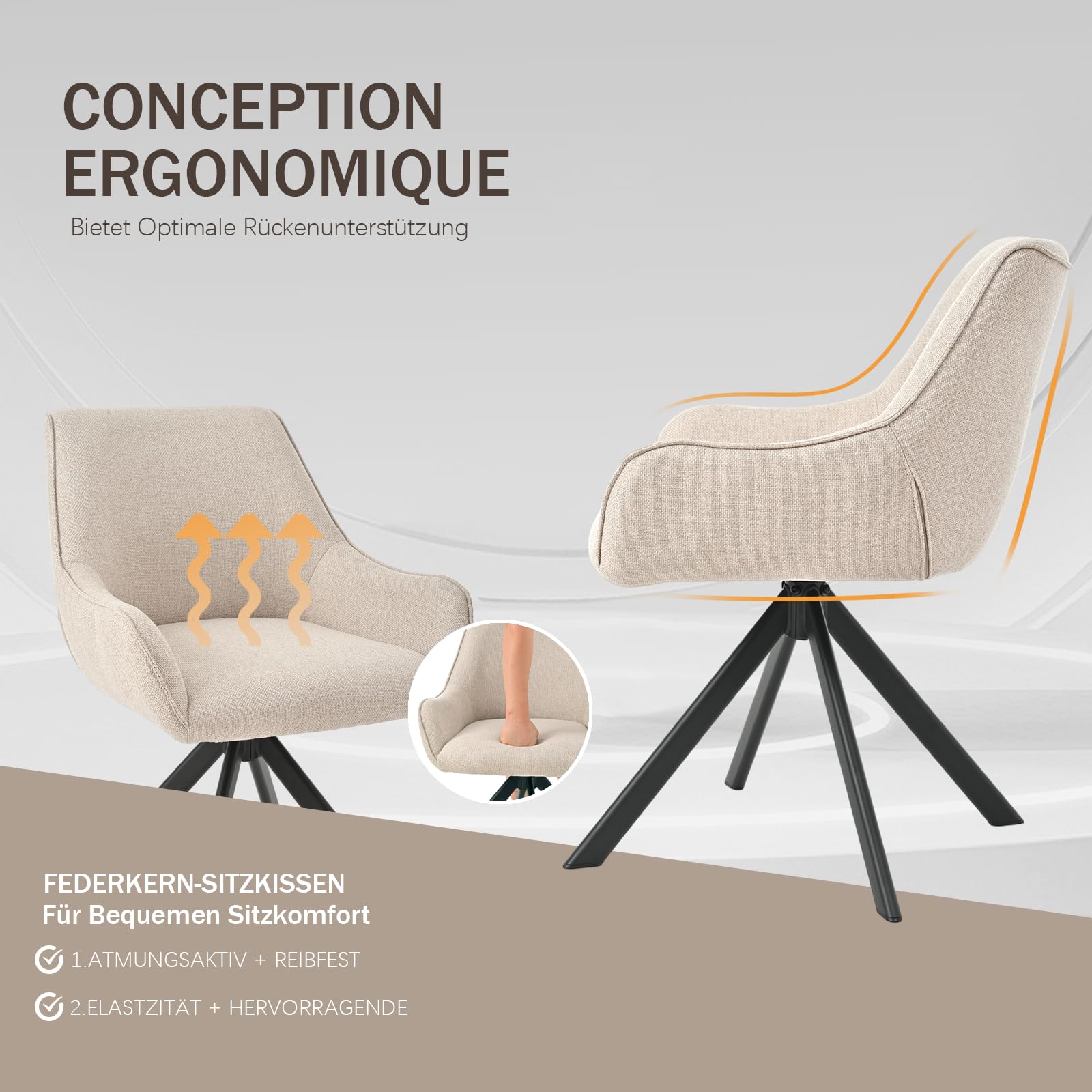 Esszimmerstühle Drehbar 6er Set mit Armlehne – 360°Drehbar Polsterstuhl Leinen Modern Drehstuhl Küchenstuhl mit Metallgestell und Rückenlehne für Esszimmer, Wohnzimmer, Büro, Beige