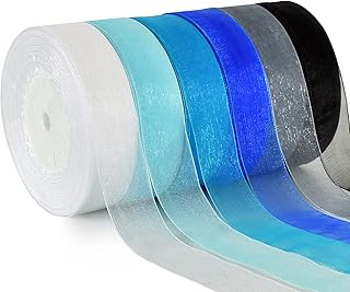 6 Rolls 300 Yards 1" Blue Series Sheer Chiffon Ribbon Organza Ribbon for Valentine's Day Gift Wrapping Wedding Birthday Pa...