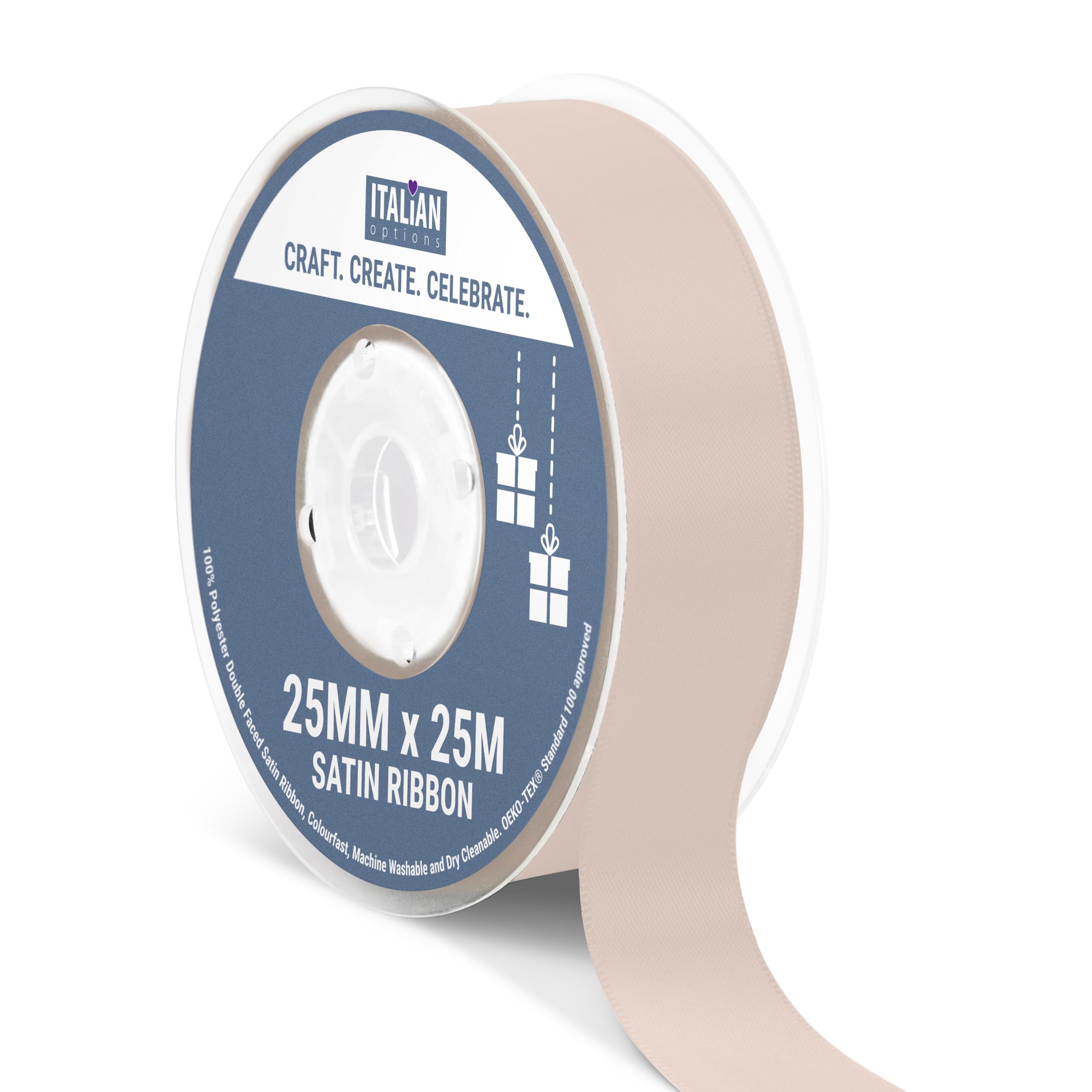 Italian Options Satin Ribbon, Fabric Ribbons for Gift Wrapping, Crafting, Balloons, Wedding Car, Presents, Cake, Christmas, Birthday, Gift Wrap Accessories, 25mm Wide x 25 Metre Roll, Taupe