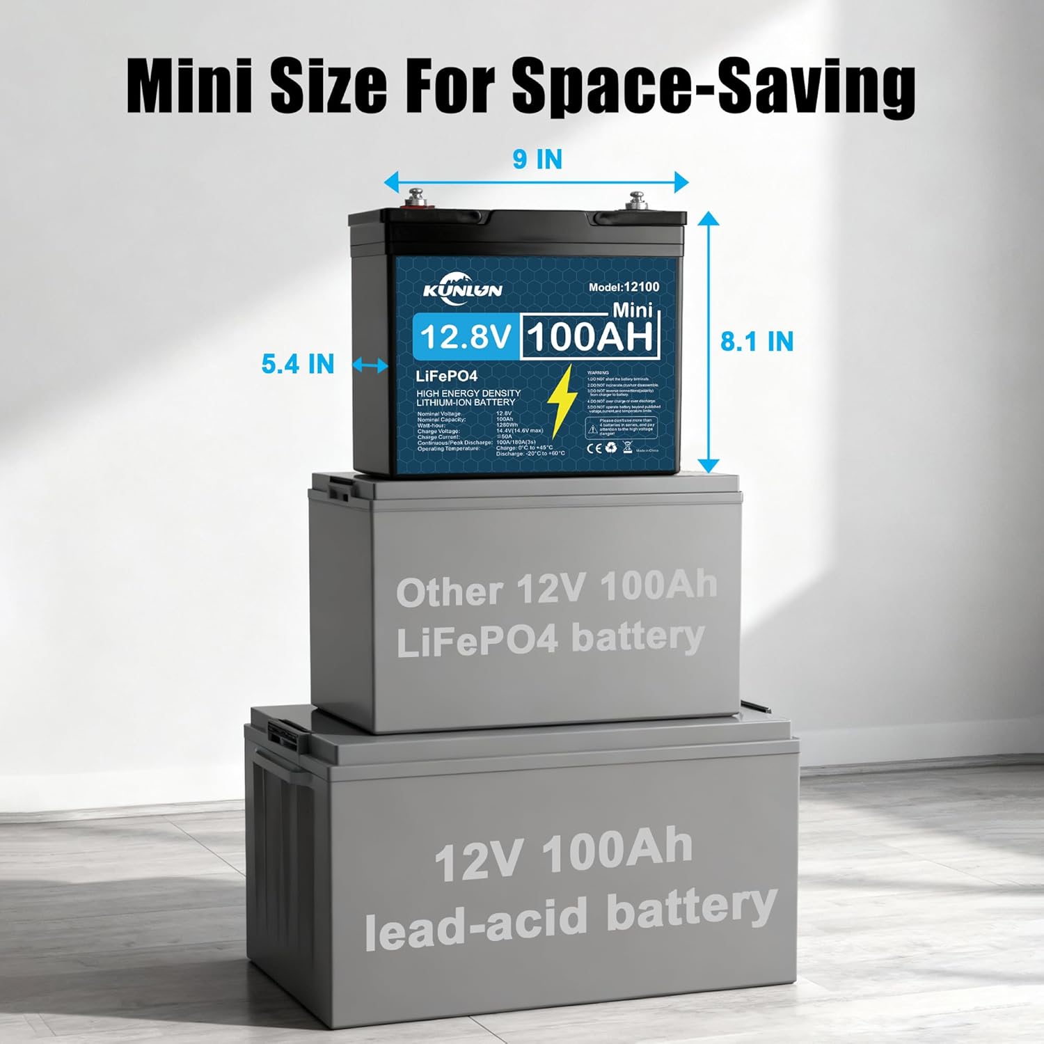KUNLUN 12V 100Ah LiFePO4 Lithium Battery (Mini) Group 24 15000 Deep Cycle, 10-Year Lifespan, Built in 100A BMS, Low-Temperature Protection, fo Marine, RV, Solar Systems and Home Energy Storage