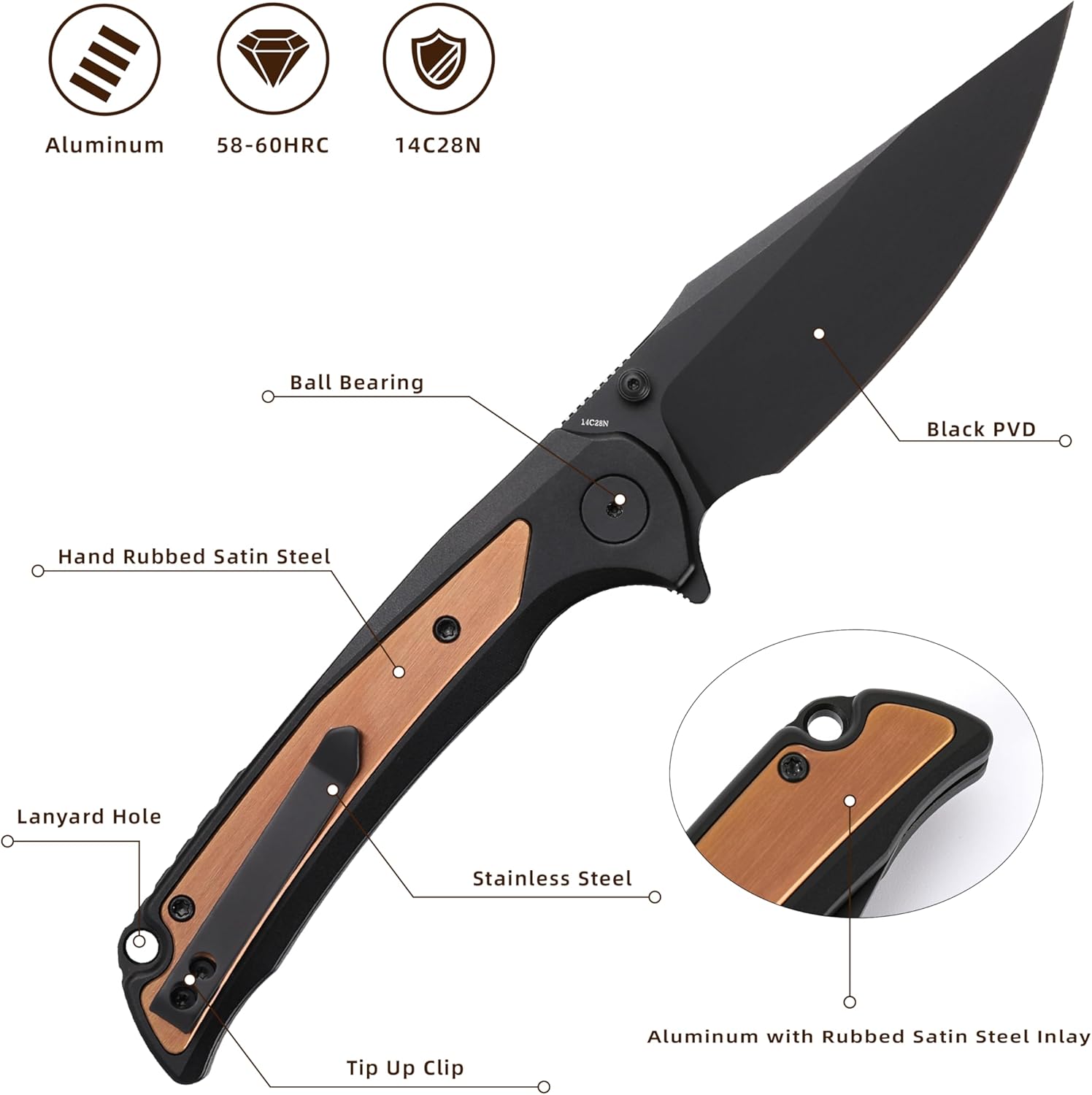 EDC Pocket Knife, 3.6" 14C28N Aluminium With Steel Inlay Handle, Folding Knife for Camping Hiking Hunting Outdoor